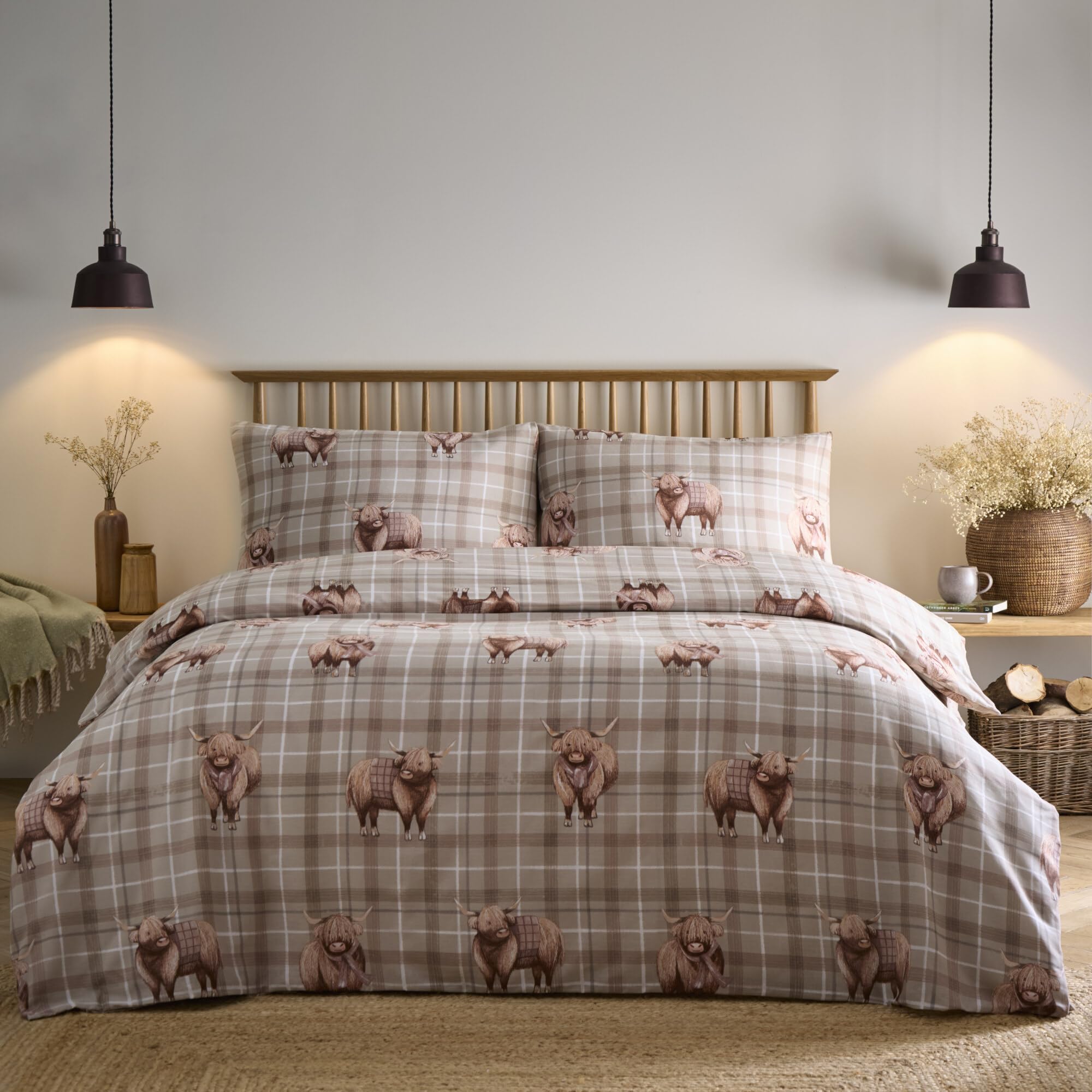 Portfolio Home Highland Cow Tartan Plaid Natural Single Soft Easy Care Bed Linen Bedding Duvet Cover Quilt Set With Pillow Case