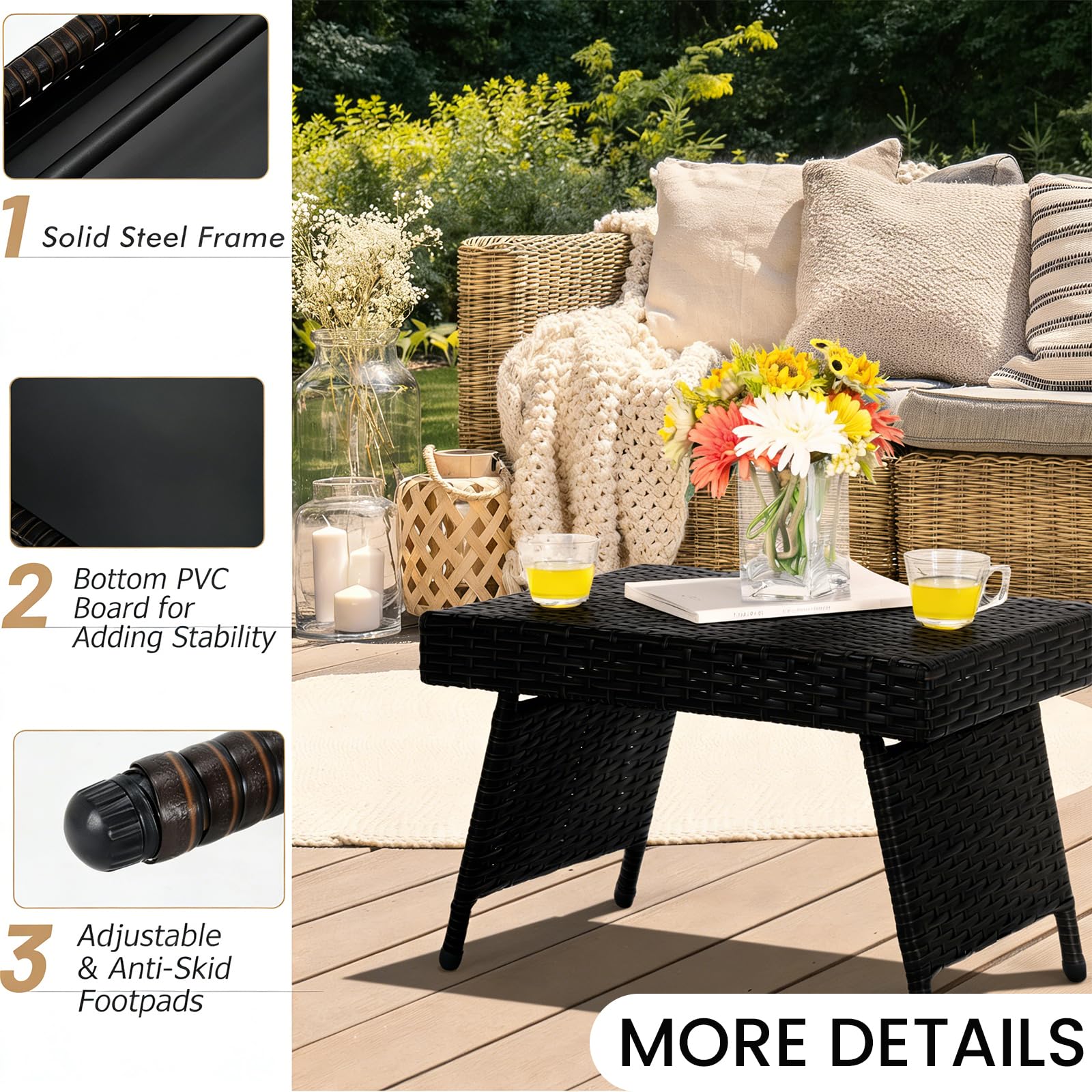 LIFEZEAL Mesa baja plegable de ratán, mesa baja exterior con estructura de acero, 60 x 40 x 40 cm, mesa de jardín con capacidad de carga de 45 kg, color negro