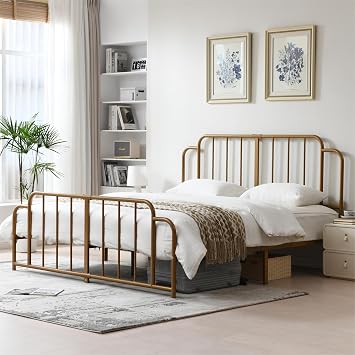 PINJU Metal Platform Bed Frame with Headboard and Footboard, Classic Style, Sturdy Metal Slats, No Box Spring Needed, Easy Installation Gold, King
