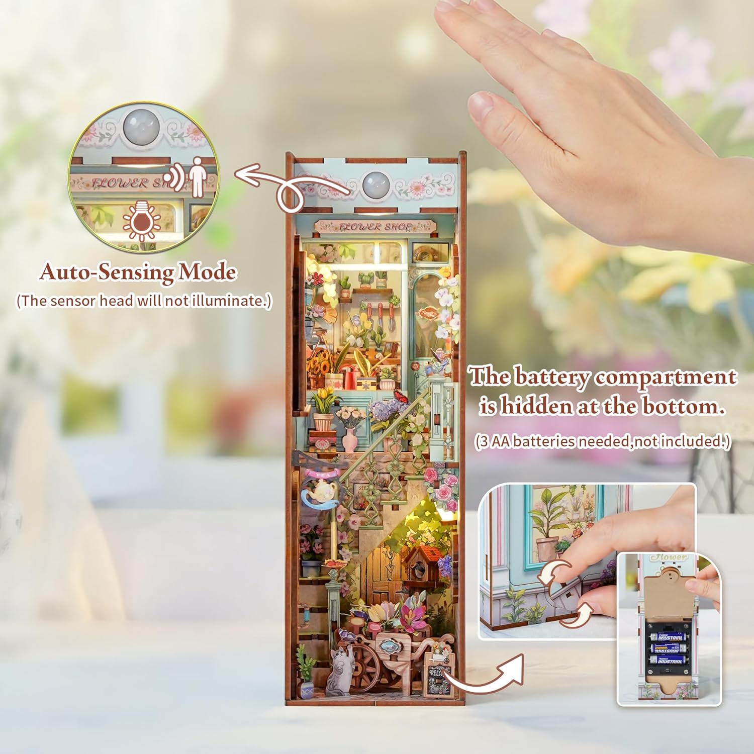 Tonecheer DIY Book Nook Kit for Adults, Booknook Wooden 3D Puzzle Bookend Miniature House Kit, Fantasy Bookshelf Decor with Sensor LED Light Gifts for Birthday Valentine's Day (Flower Shop)