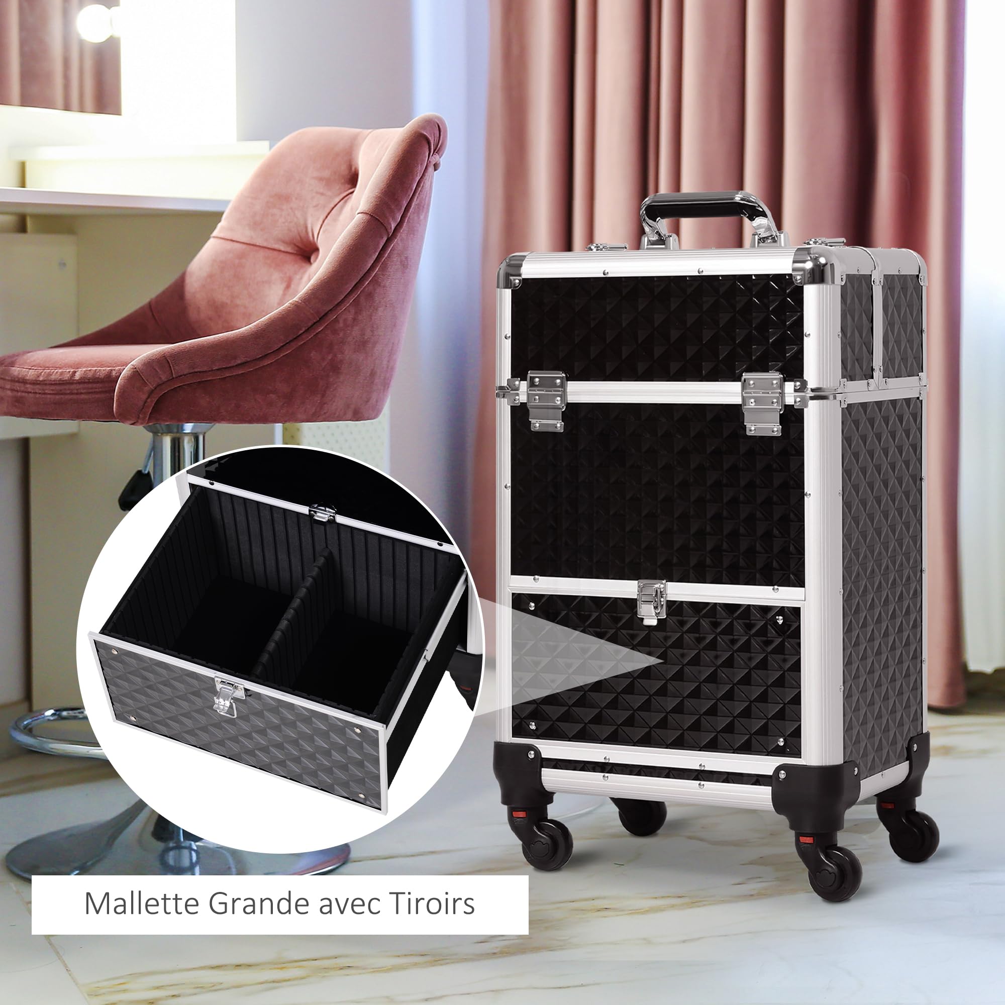 Walizka Wózek Kosmetyczka z Regulowaną Teleskopowa Rączka 34L x 25W x 62H cm Alu. Czarny