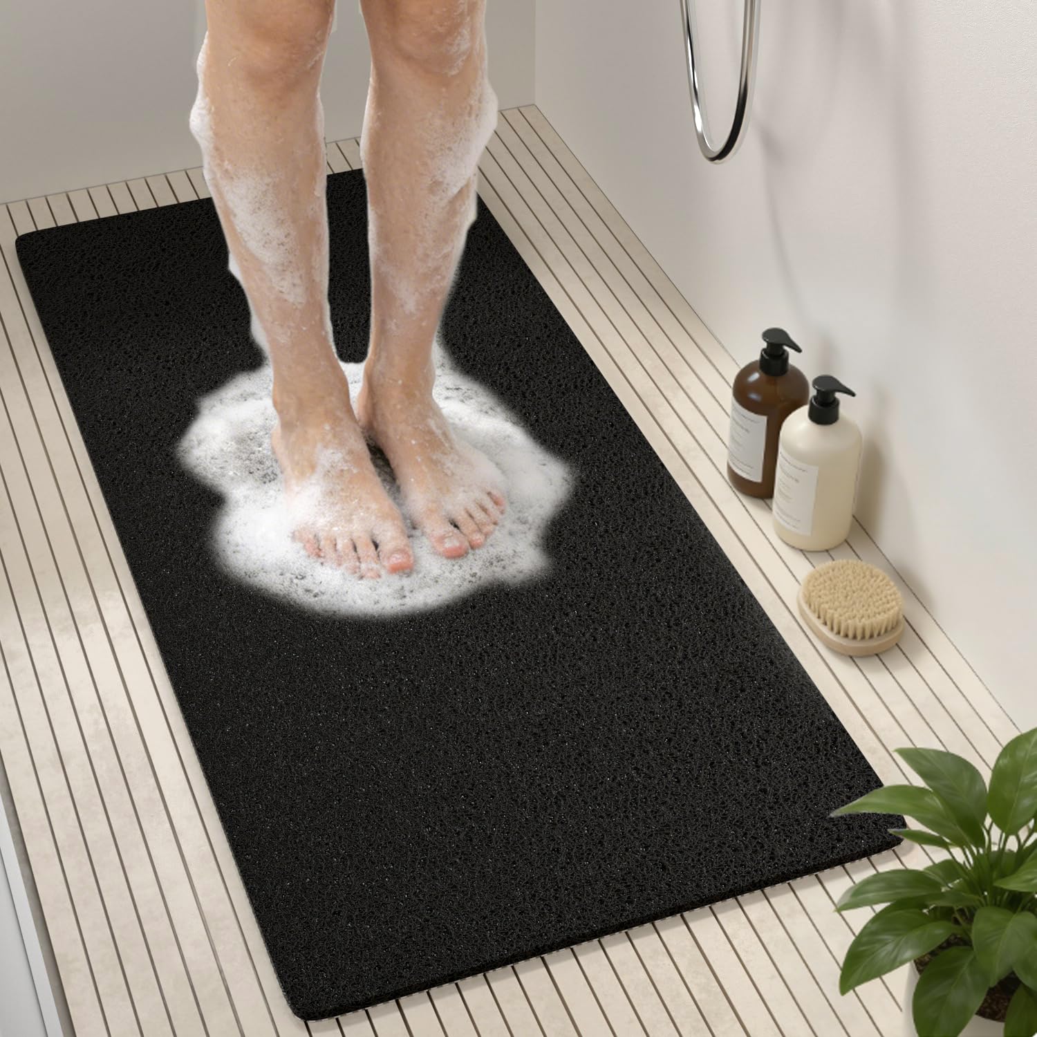 HITSLAM Duschmatte rutschfest, 88 x 40cm Lange Antirutschmatte Badewanne, Weicher PVC-Luffa Badewannenmatte rutschfest, Ohne Saugnapf Badematte, Schnelltrocknend und Leicht zu Reinigen, Schwarz