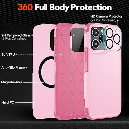 Miniatura 4 de MOZOTER Funda magnética para iPhone 14 Pro, 12 pies, a prueba de golpes, compatible con Magsafe, 2 protectores de pantalla de vidrio + 2 protectores