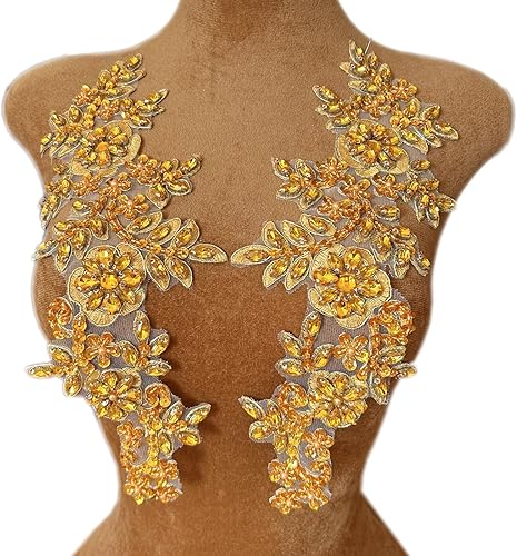 Vista 31 de 1 par de decoraciones de vestido de novia de 5.1 x 13.4 in, parches de encaje para coser con cuentas de diamantes de imitación sueltas, piedras