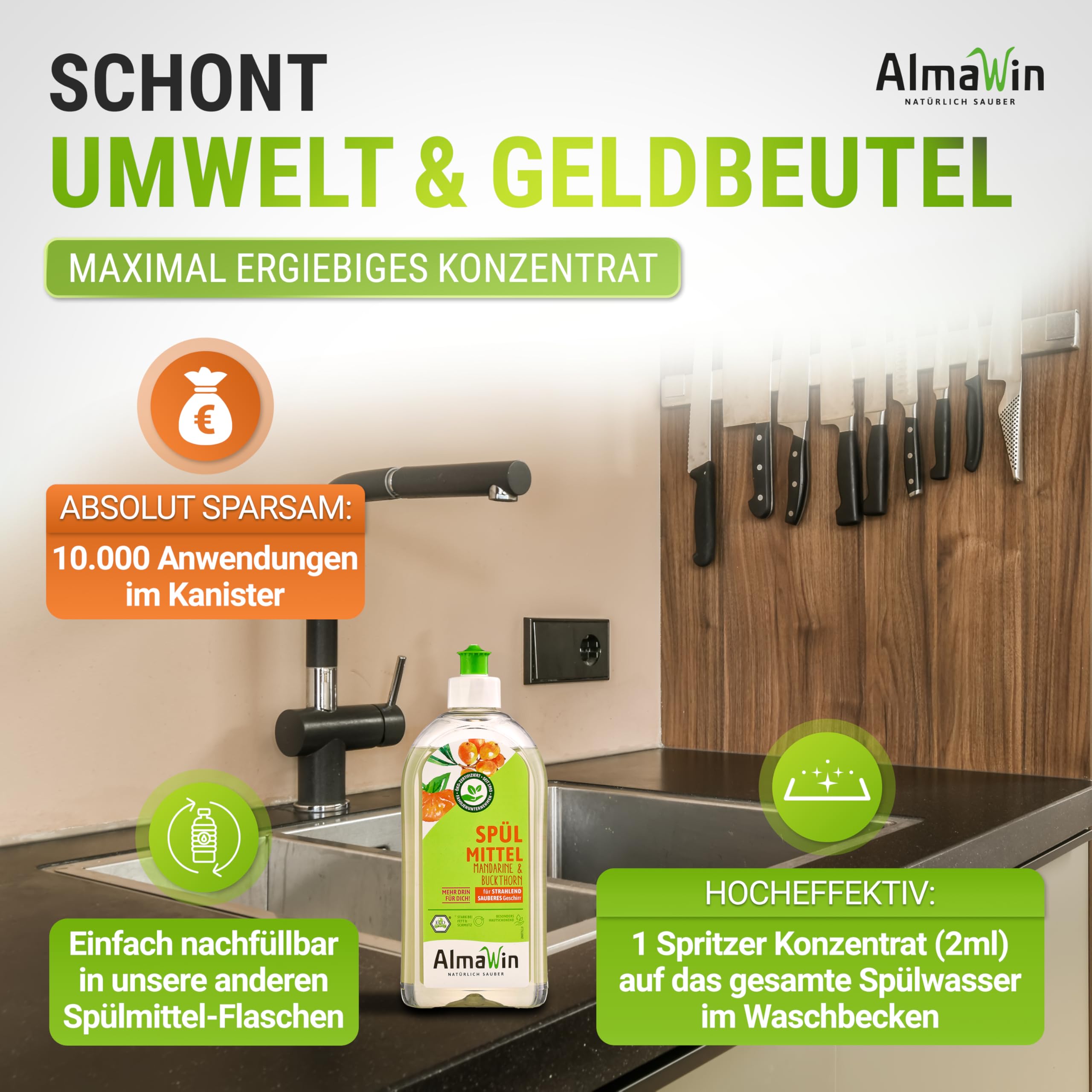 AlmaWin® Spülmittel Öko [20L] mit Sanddorn & Mandarine-Duft - Kraftvolles Geschirrspülmittel flüssig mit hoher Fettlösekraft - Vegan Dish Soap - Ergiebiges Konzentrat im Nachfüllkanister
