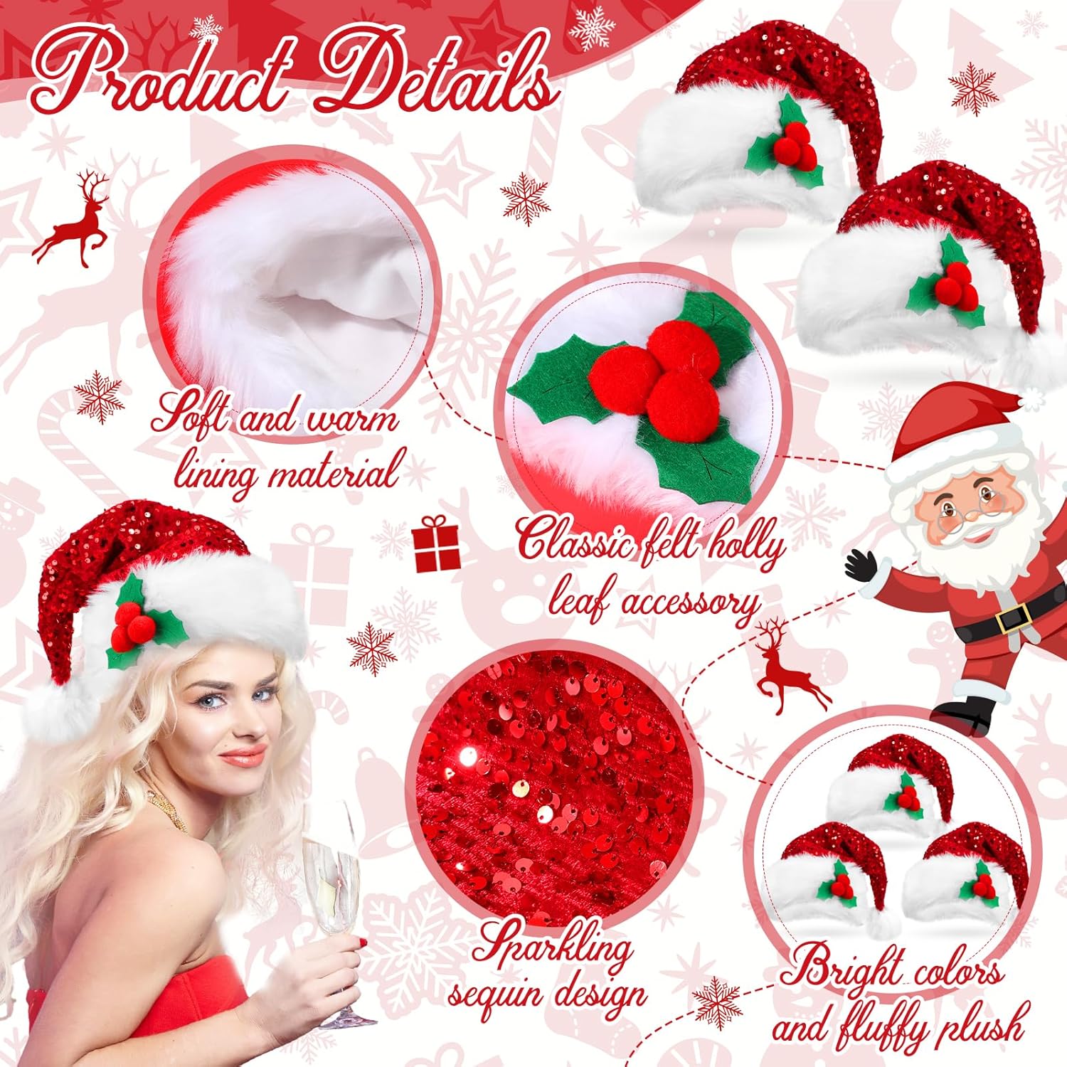 Liitrsh 3 Pcs Christmas Santa Hat for Adults, Unisex Sequin Santa Hats with Red Berry for New Year Xmas Festive Holiday Party(Rose Red)