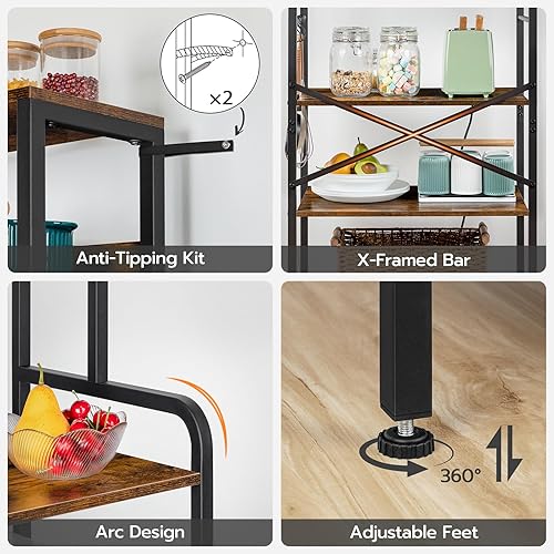 Miniatura 7 de HOOBRO Estante para panaderos con toma de corriente, soporte para microondas de 68.1 pulgadas de altura con 4 ganchos en forma de S, estante de