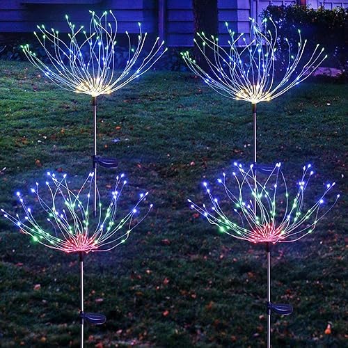Paquete de 4 luces solares de jardín al aire libre, impermeables, superbrillantes, 360 luces LED solares de fuegos artificiales, 2 modos de luces