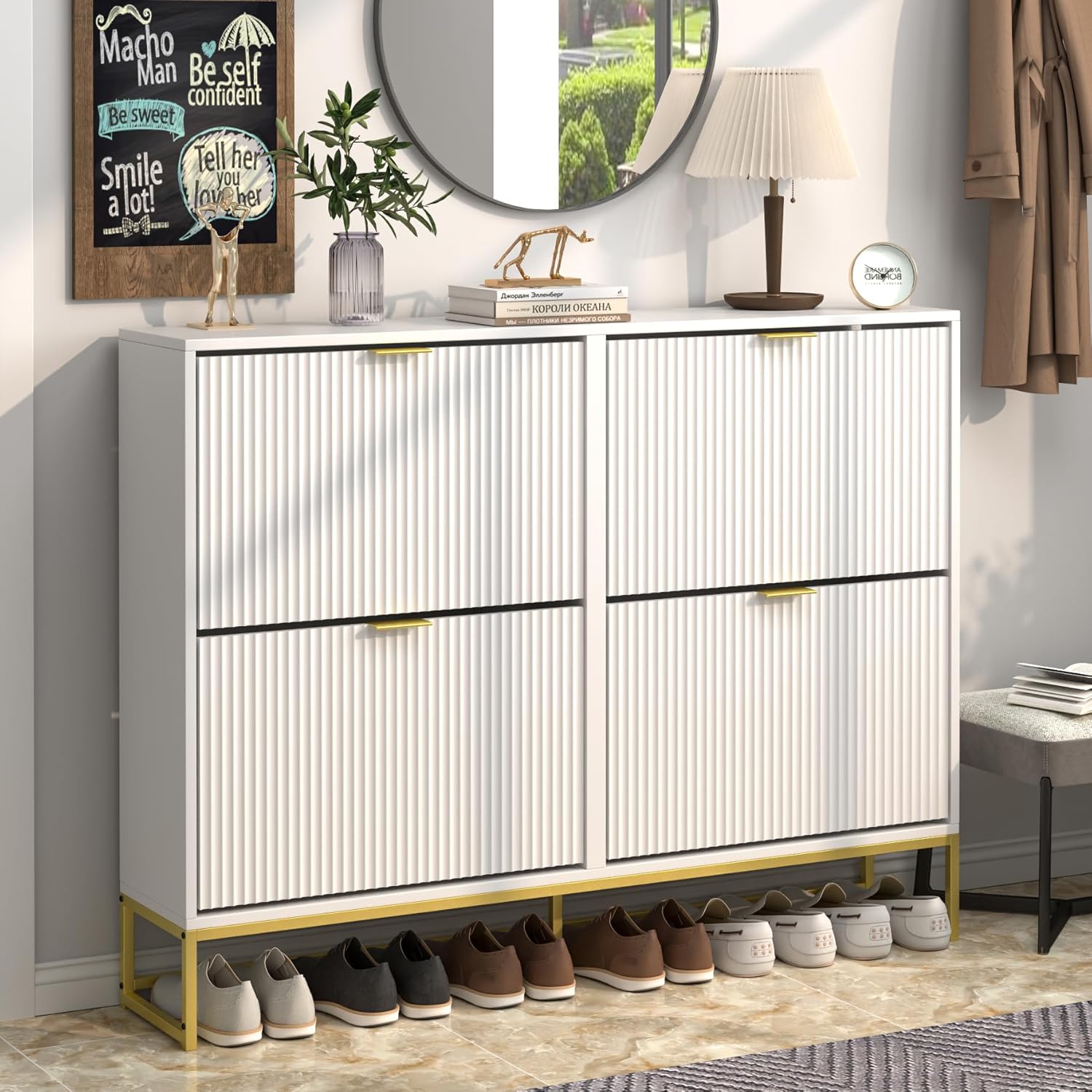 Jluomei Shoe Cabinet Storage for Entryway Slim Modern Shoe Rack Cabinet with 4 Flip Drawers Tipping Wooden Narrow Shoe Cabinet Freestanding Fluted Shoe Organizer for Living Room, White