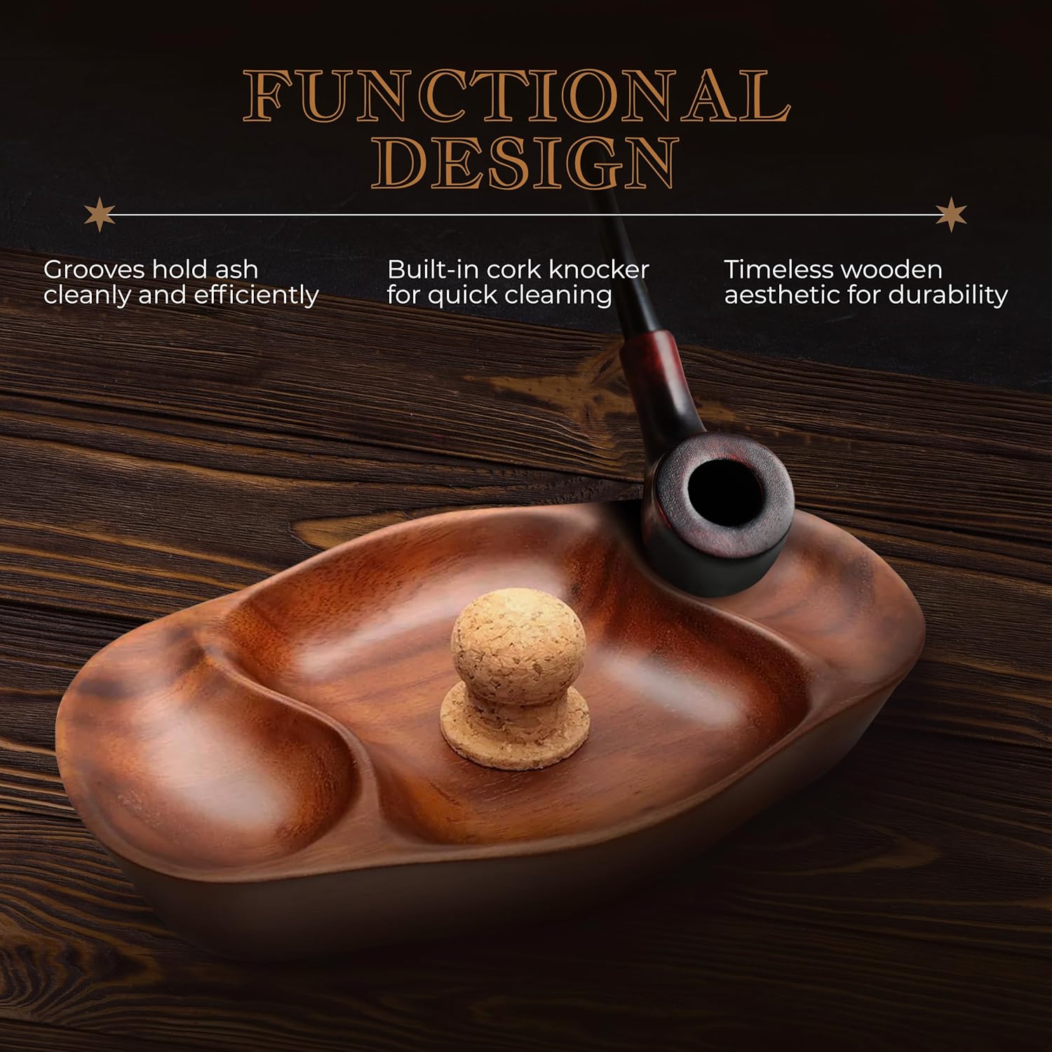 Watlux Tobacco Pipe Stand for Smoking Pipes Wooden Display Pipe Holder Arch 7" For 7 Smoking Pipes, Brown Color Tobacco Kit Pipe Holder 7 Slots Design and Ashtray, Cork