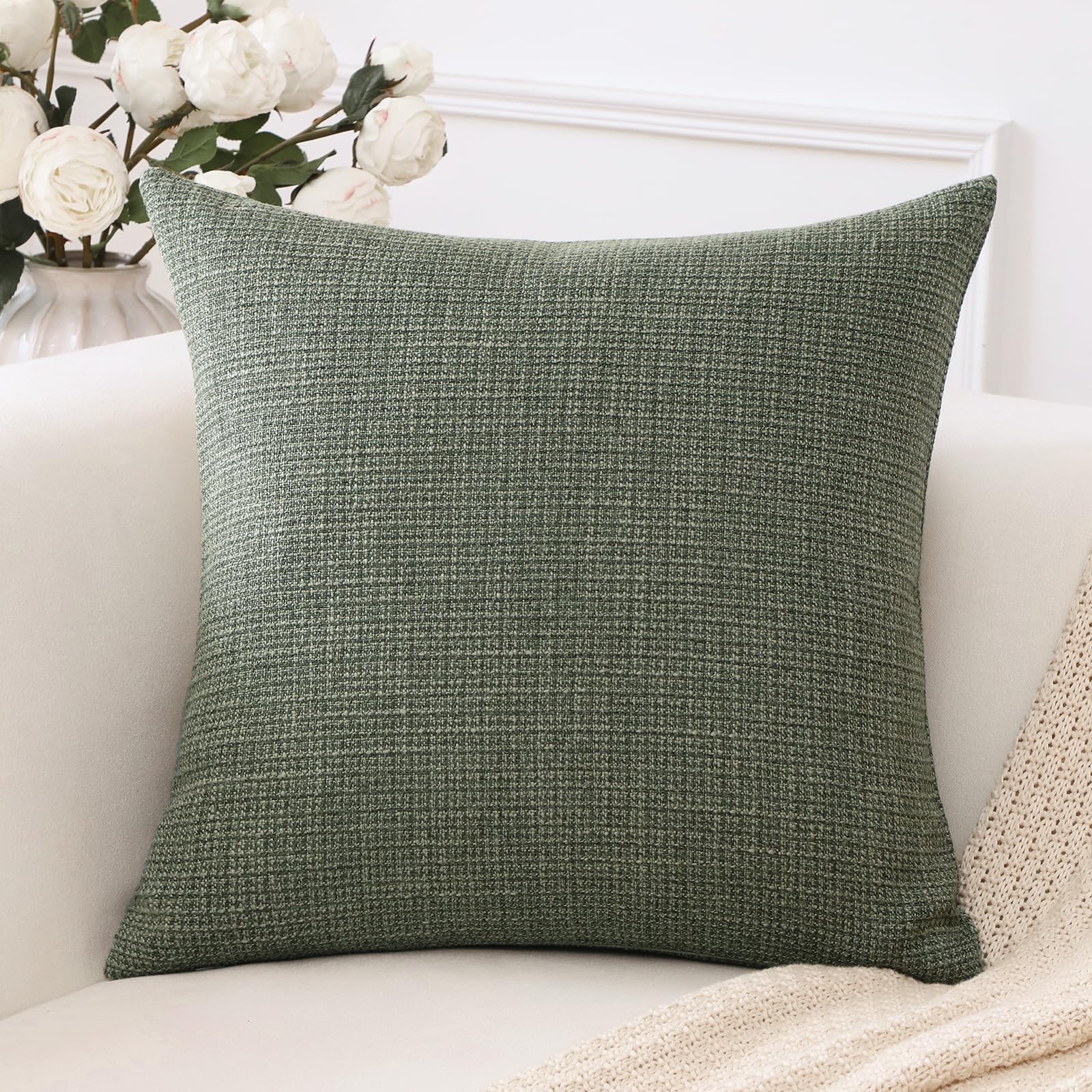 Artscope Linen Cushion Covers Set of 1 Decorative Square Pillowcase Pillow Cover 22x22 Inch for Home Decor Sofa Bedroom Car 55x55cm Gray Green - Image 4