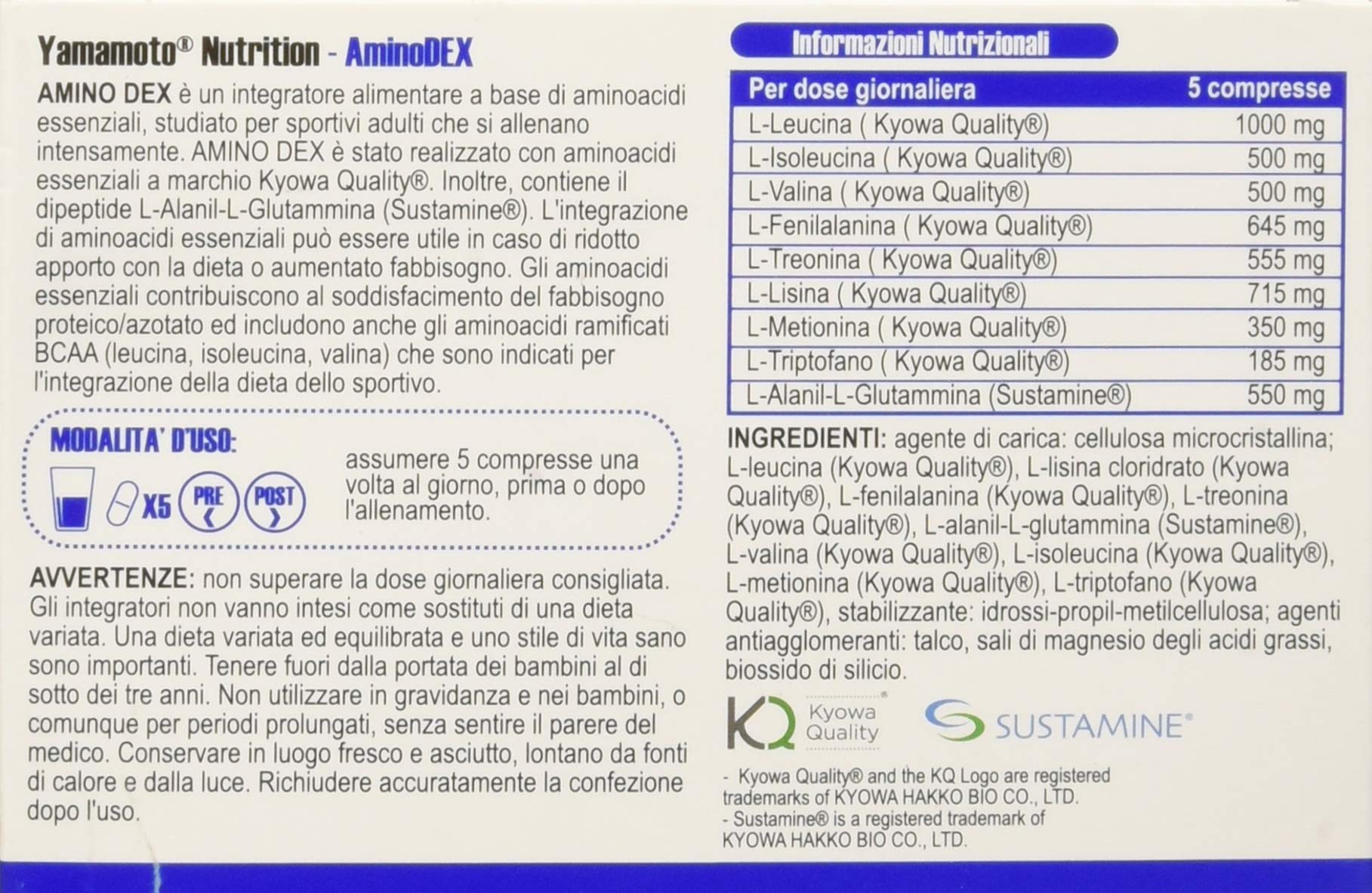 Yamamoto Nutrition AminoDEX® integratore di aminoacidi essenziali di origine vegetale 120 compresse
