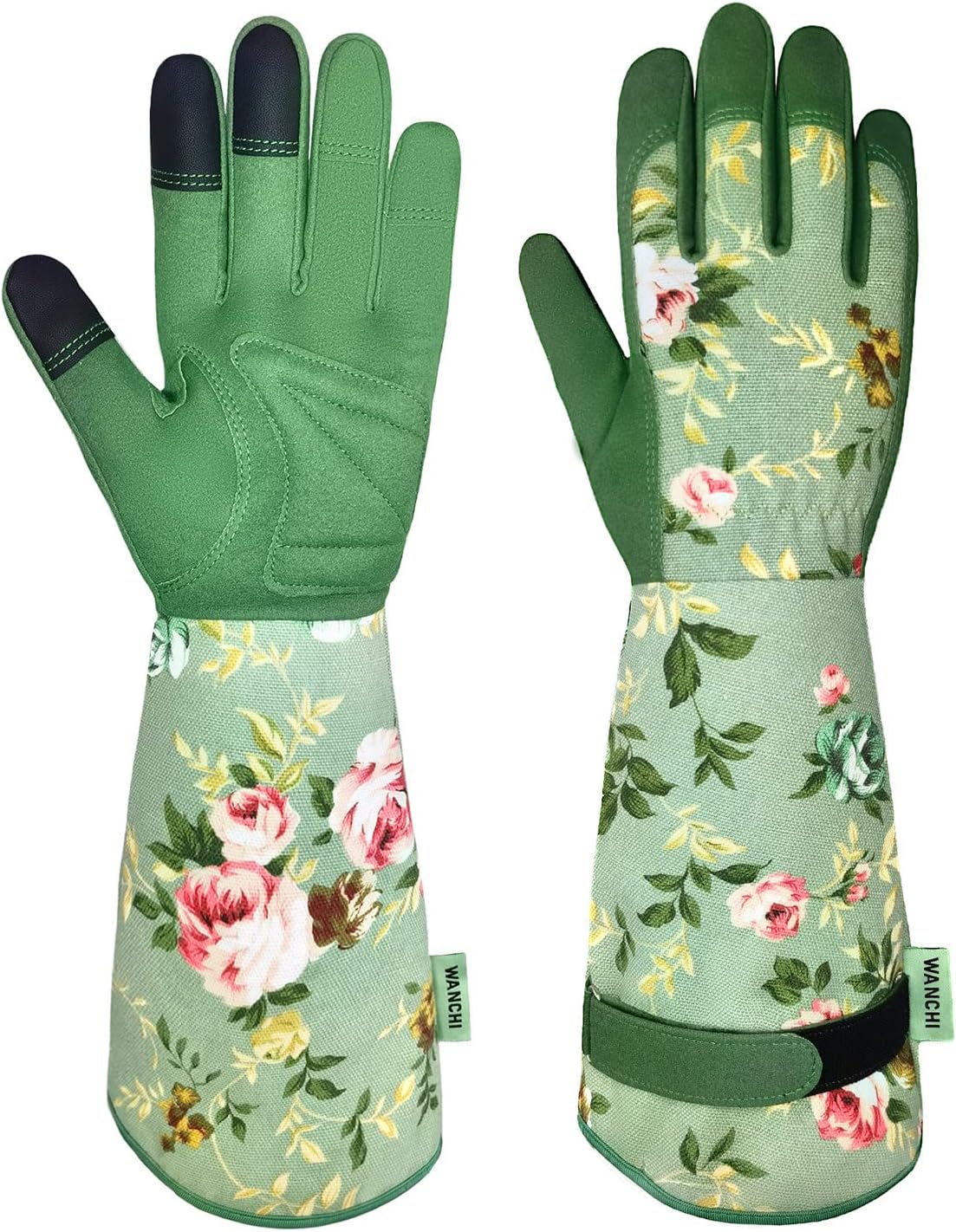WANCHI Garden Gloves, Long Sleeve Leather Gardening Gloves for Yard and Gardening Work, Gardening Gifts for Women, Cute, Comfortable, Durable, Green Print (Small)