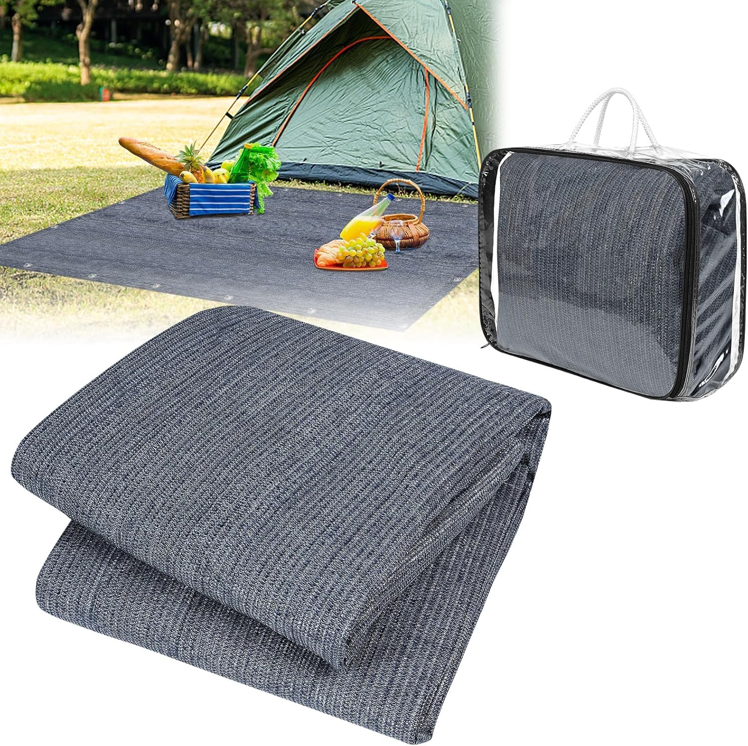 Jiubiaz Voortenttapijt, luifeltapijt, campingtapijt met 12 gaten, 13 haringen en draagtas, ademend, antislip, wasbaar, campingmat, voortentvloer (zwart, 250 x 300 cm