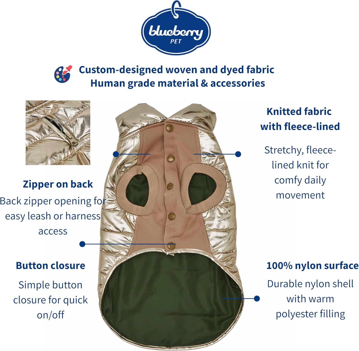 Blueberry Pet Cozy & Comfy Windproof Lightweight Quilted Fall Winter Glossy Dog Puffer Jacket in Gold, Back Length 14", Size 12, Warm Coat for Small Dogs