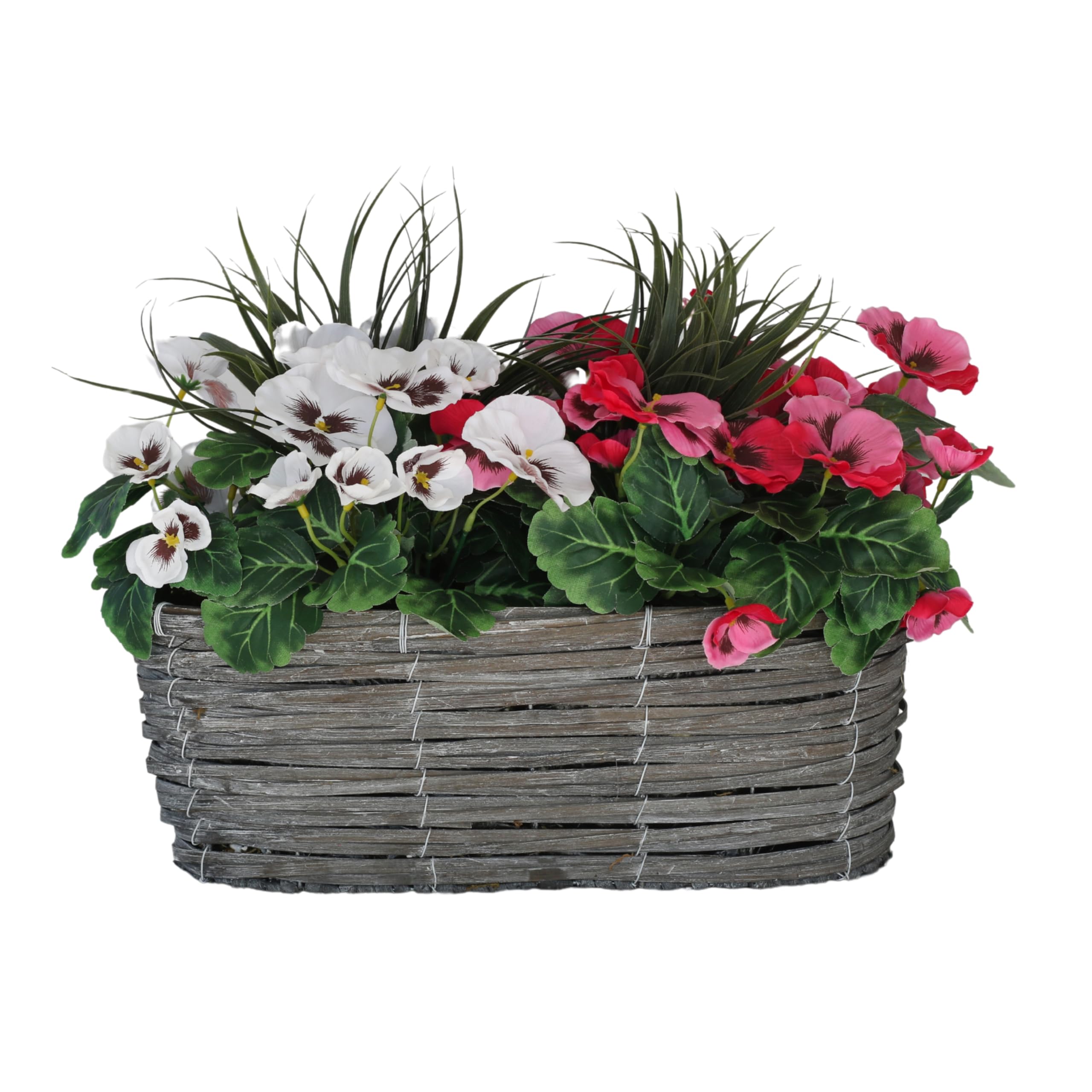 Greenbrokers Artificial Rattan Window Box With & Pansies And Decorative Grasses Grey/Pink/White
