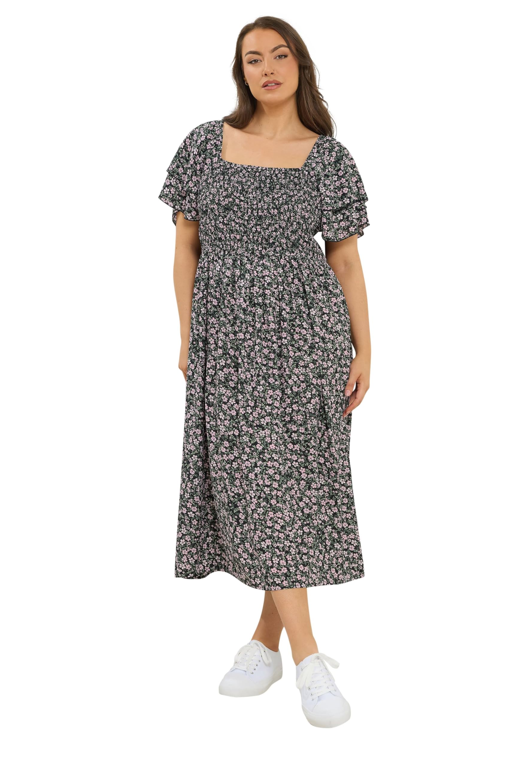 Yours Women's Maxi Dress - Shirred - Frill Sleeve - Floral