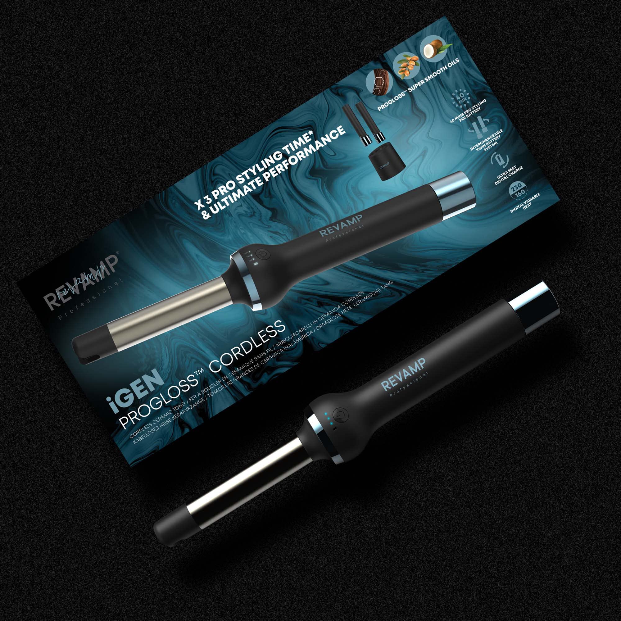REVAMP iGen Progloss kabelloser Keramik-Lockenstab – Mühelos perfekte Locken, variable Temperatureinstellung, mit Progloss-Ölen angereicherter 25-mm-Keramikstab, hitzebeständige Hülse enthalten