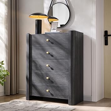 IFGET Modern 5 Drawer Dresser for Bedroom, Wooden Chest of Drawers with Curved Profile Design, 39.6" Tall Wood Dresser with Golden Metal Handle for Bedroom, Living Room, Hallway, Dark Grey
