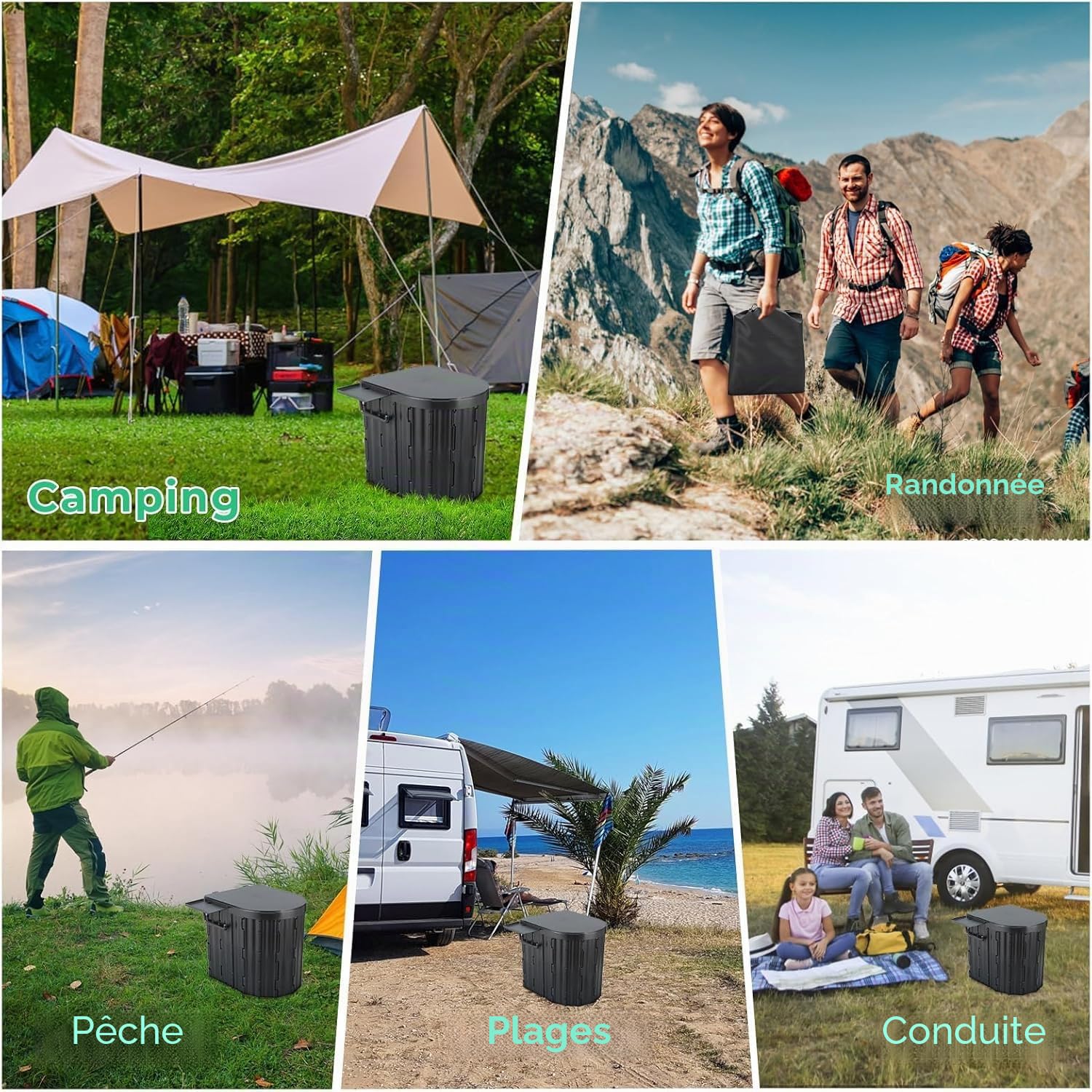 Sckee Toilettes de camping portables pour adultes, toilettes pliantes portables avec couvercle et porte-papier, pot compact pour voiture, toilettes portables pour camping, randonnée, camion