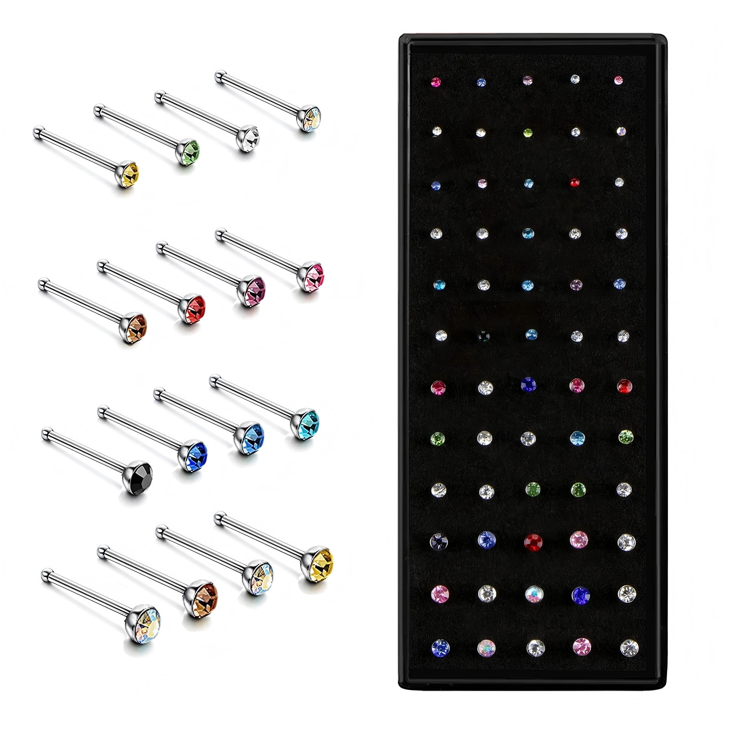 Distinct® 60Pcs Stainless Steel Nose Studs Rings Piercing Bars Set Straight Nose Rings Bone Studs Body Jewelry Unisex Gift for Women Men (Multi-Color)