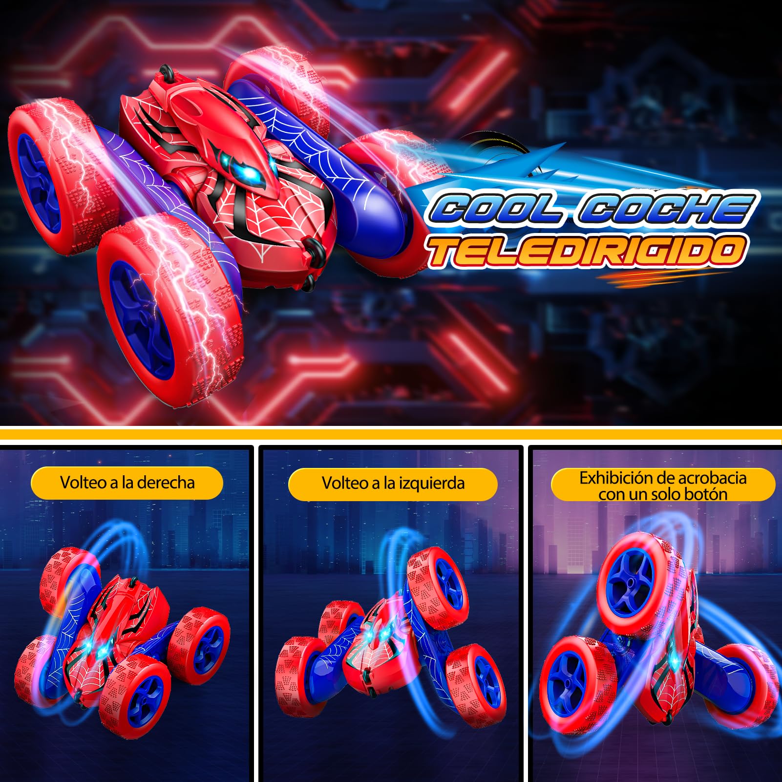 Dreamlandia Coche Teledirigido Niños 3 4 5 6 7 8 Años, 2,4Ghz, 360° Rotación con Luces, Coche RC Monster Truck Juguete Niños Niñas 3-12 Años, Type-C Batería Recargable, Regalo Cumpleaños Navidad