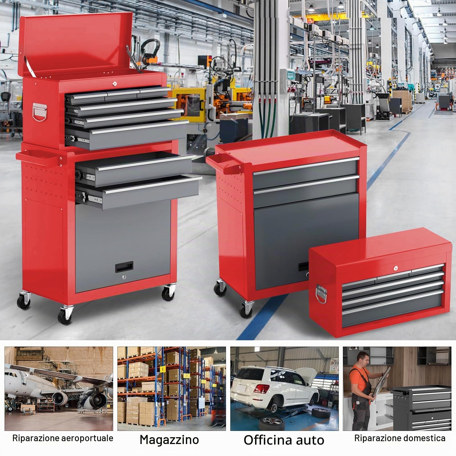 Carrello Porta Attrezzi con Otto Cassetti,Carrello Officina Grande da 42 Pollici con Ruote,Cassetta Portautensili in Metallo Superiore Rimovibile,Garage, Armadietti di Stoccaggio del Magazzino,Rosso