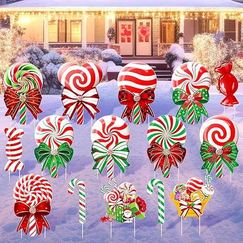 Miniatura 4 de 15 carteles de Navidad para patio al aire libre, estacas de caramelo de menta, decoraciones de Navidad con estacas y pajarita, letrero de jardín