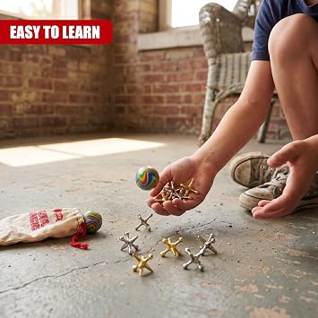 The Magic Toy Shop Retro Jacks Game Set with Balls - Classic Knucklebones Fivestones with 10 Metal Pieces & 2 Bouncy Balls, Traditional Skill Toy - Travel Play, Party Bag Fillers, Kids & Adults