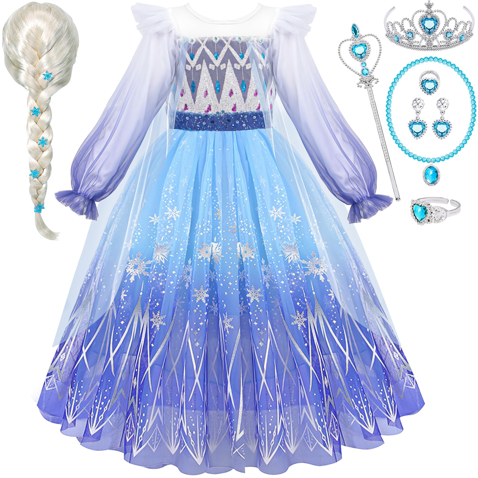 Atoylink Disfraz Elsa Frozen Vestido Princesa Niña con Elsa Peluca Corona Varita Collar Pulsera Vestido Elsa Frozen Niña Disfraz Princesa para Niña 3 4 5 6 7 8 9 10 Años Halloween Carnaval Cosplay