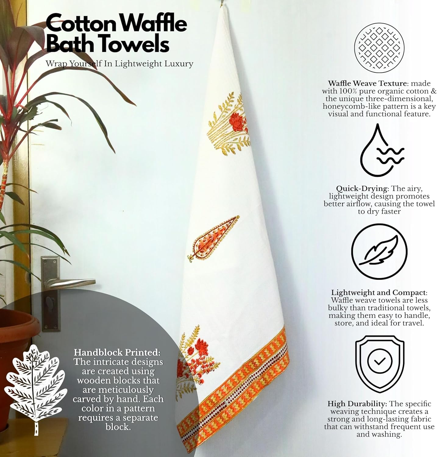 Trade Star Hand Block Printed Towel 100% Cotton Waffle Towel Quick Drying Lightweight Soft Bath Cloth for Bath Gym Beach & Travel (30x60 Inches) (Pattern 9)