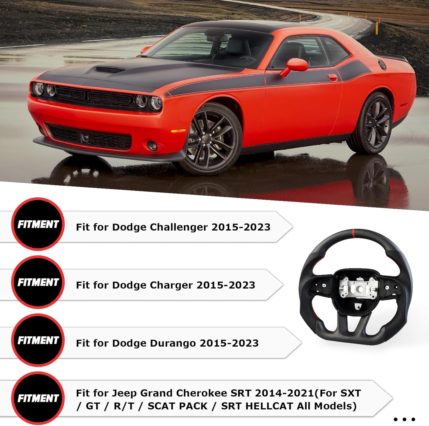 LOSCHEN Matte Carbon Fiber Steering Wheel Nappa Perforated Leather, D-shaped Flat-bottom Steering Wheel for Dodge/Jeep Grand Cherokee/SXT/GT/RT/SRT/HELLCAT