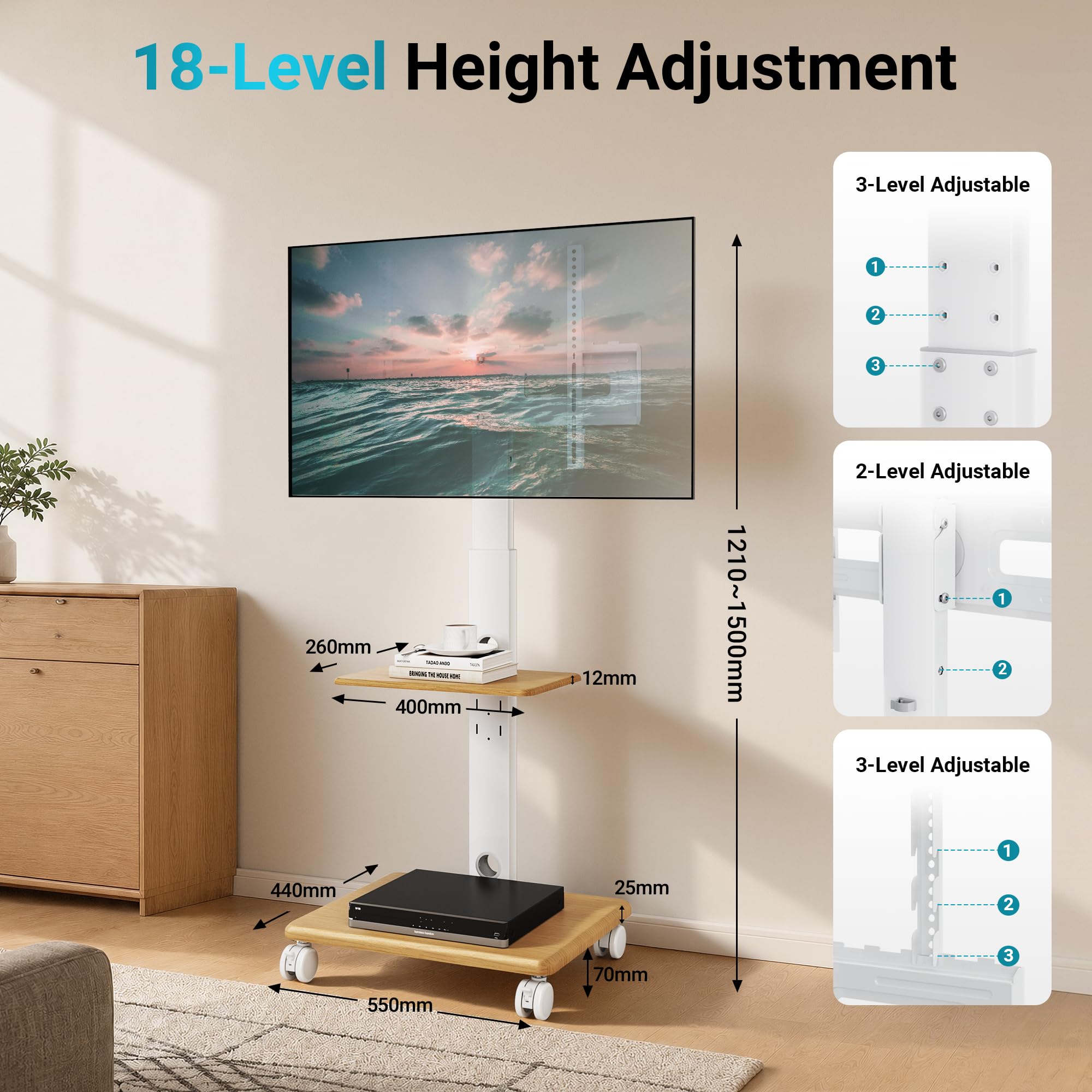 BONTEC Supporto TV da Pavimento con Base in Legno per TV 32-80 Pollici | con 5 ruote, portata 60 kg, VESA 600x400 mm, altezza 1210-1500 mm, girevole e inclinabile, Bianco