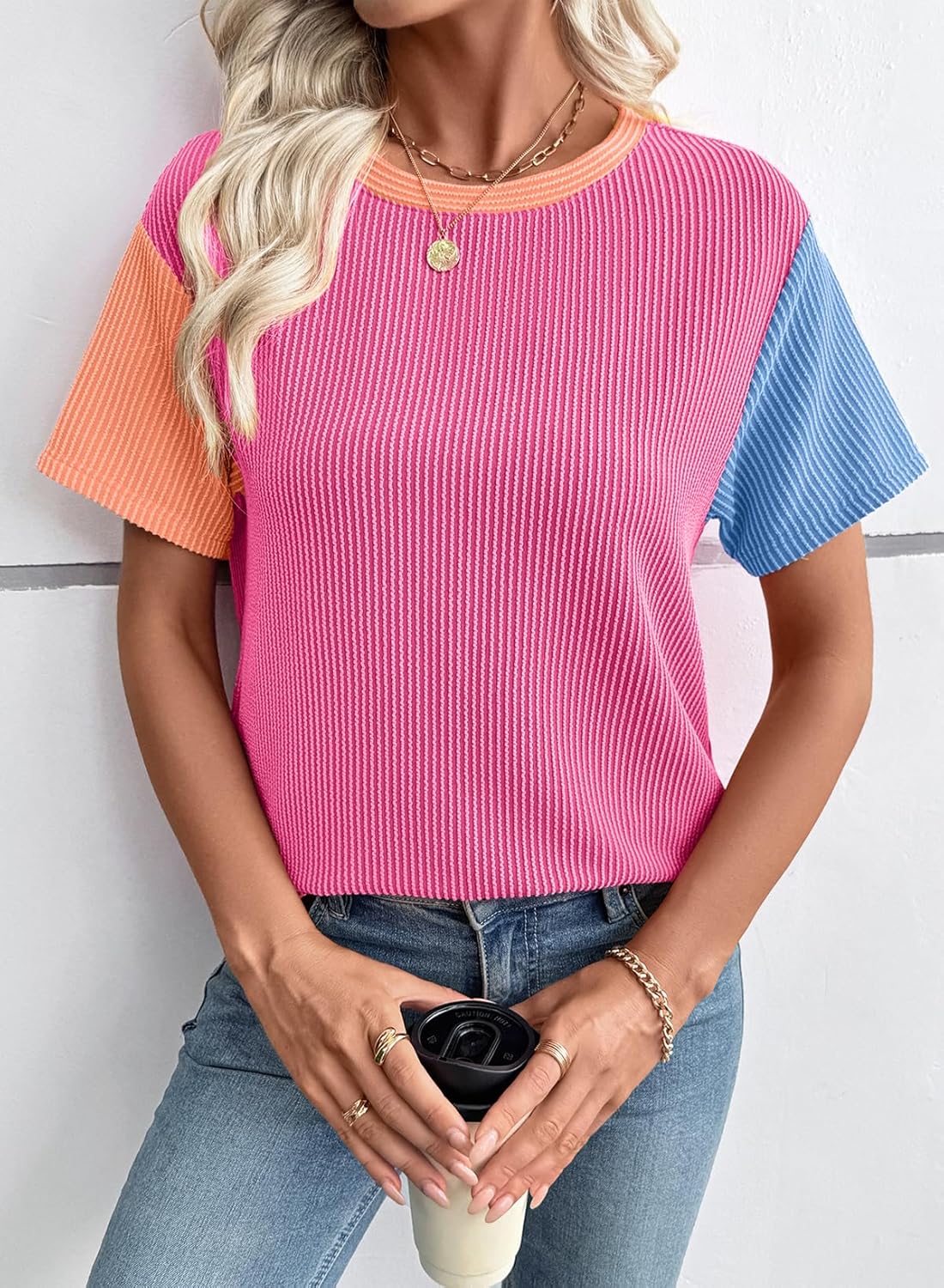 EVALESS Women's Short Sleeve T Shirts Ribbed Knit Crewneck Multicolour Block Tee Blouses Spring Tops 2026 Trendy - Image 2