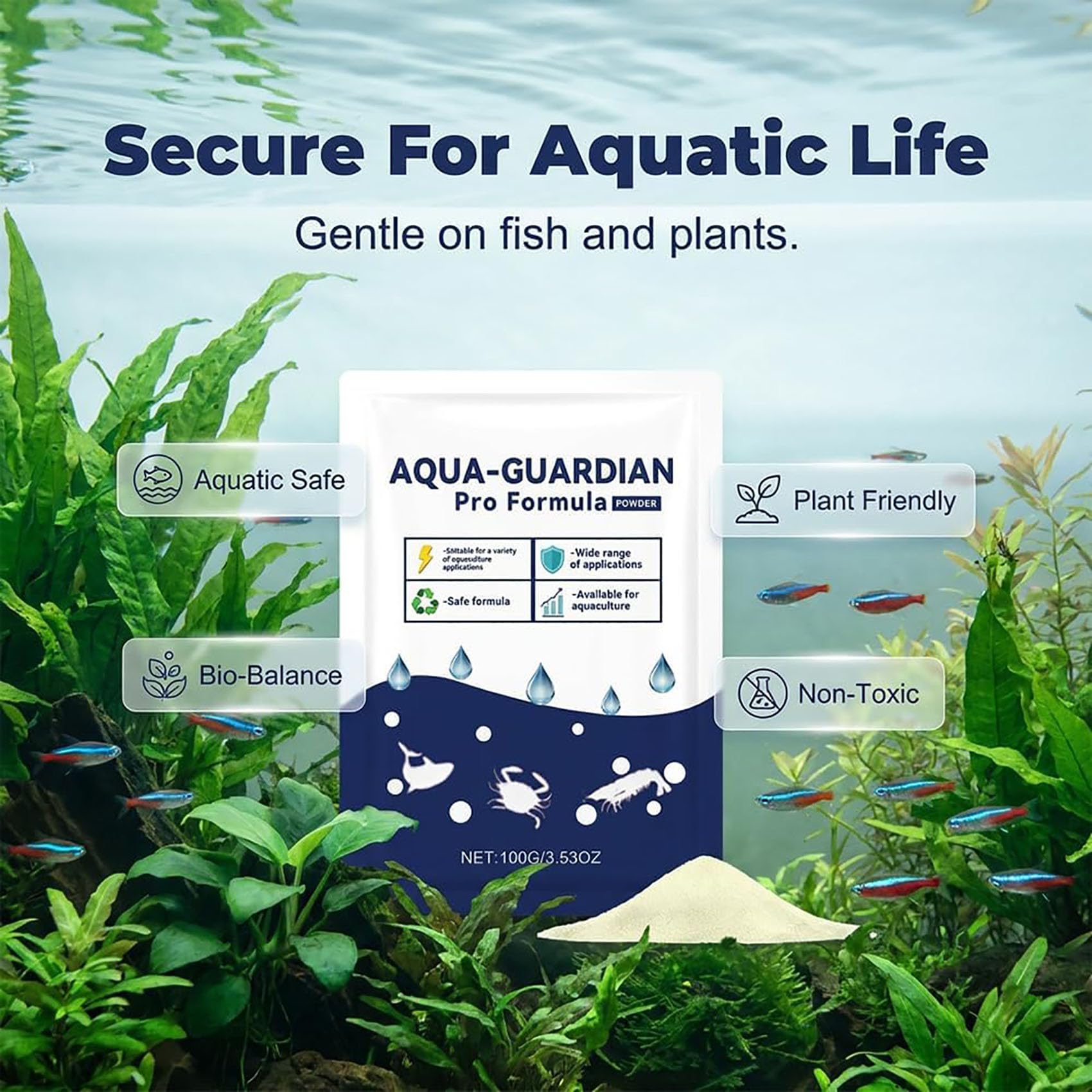 Aqua Guardian Pro Formula para estanques, Polvo para el Cuidado acuático, fácil de Mezclar para Peces, camarones y cangrejos. Mantiene el Agua cristalina por más Tiempo (10Pcs)