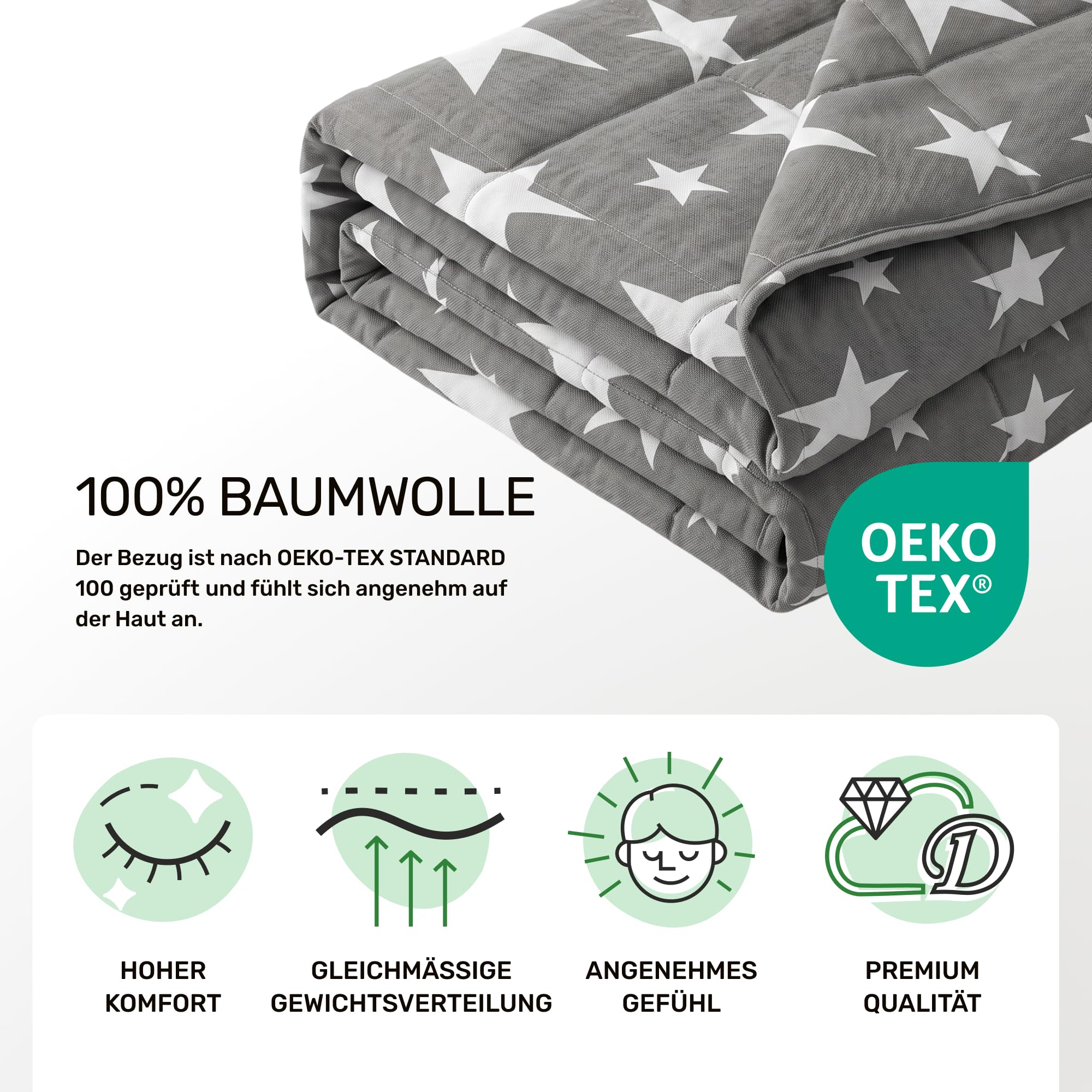 Dailydream Gewichtsdecke Kinder 90x120cm, 2,5 kg, Baumwolle, Motiv Sterne | Gewichtsdecke für Kinder mit atmungsaktiver Baumwoll-Außenschicht, Glasperlenfüllung und doppelt vernähten Kammern.