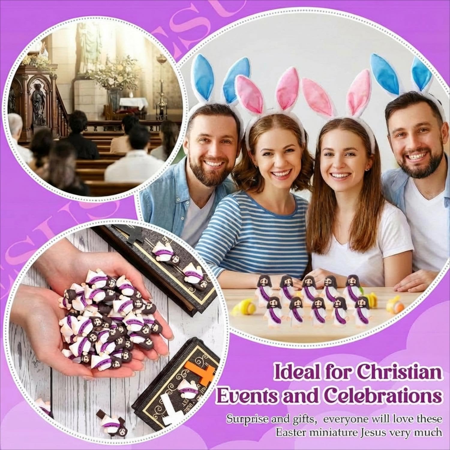Bememo 100 Pcs Little Jesus Figures Jesus Loves You Original Design Pocket Rubber Little Figures to Hide and Seek Sunday Religious Party Share Easter Gifts(Purple)