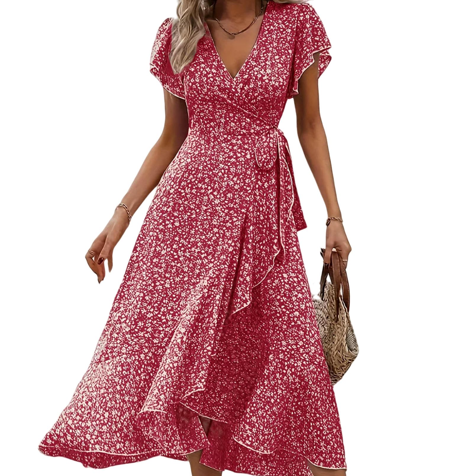 Abito Donna Invernale Abiti Estivi per Donne Sexy A V Maniche Corta Manica Irregolare in Alto Vestito con Stampa Floreale da Spiaggia Casual-Rosa-m