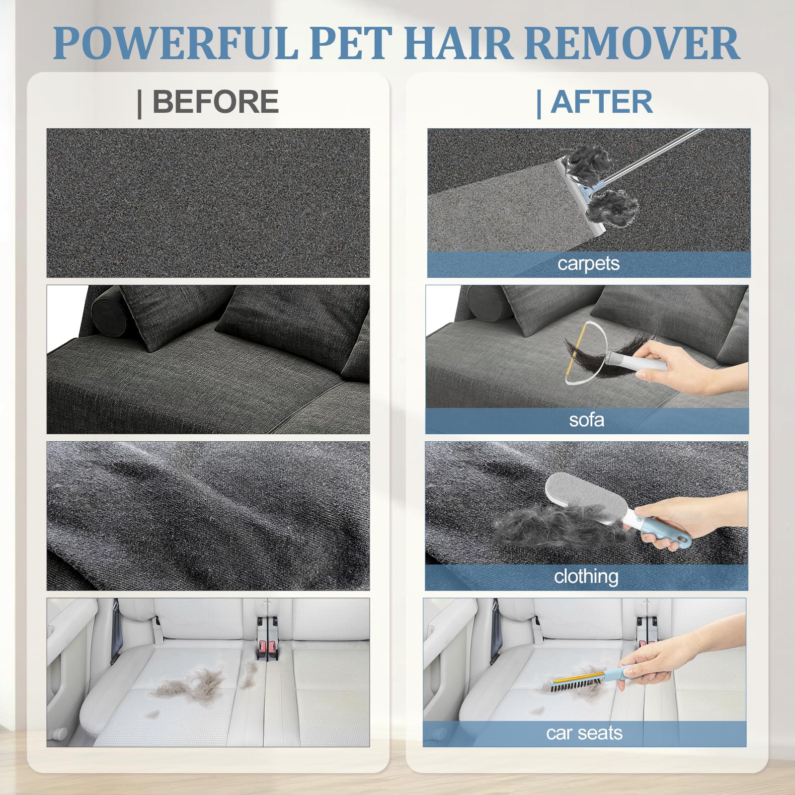 Lot de 4 outils d'épilation pour animaux de compagnie, râteau pour épilation des poils de chiens et chats, anti-peluches à long manche réglable, brosse pour tapis, canapé, meubles, gris clair