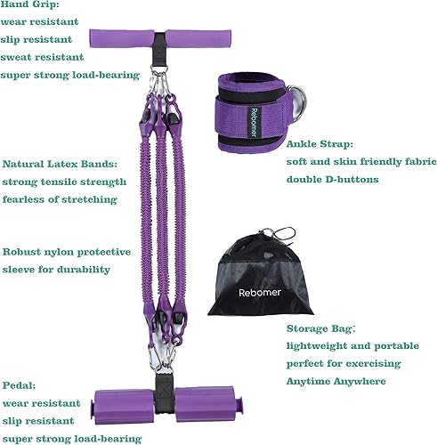 Miniatura 6 de Rebomer - Banda de resistencia a pedales, banda de ejercicio para el hogar, para entrenamiento, 4 tubos elásticos para hombres y mujeres, cuerda de