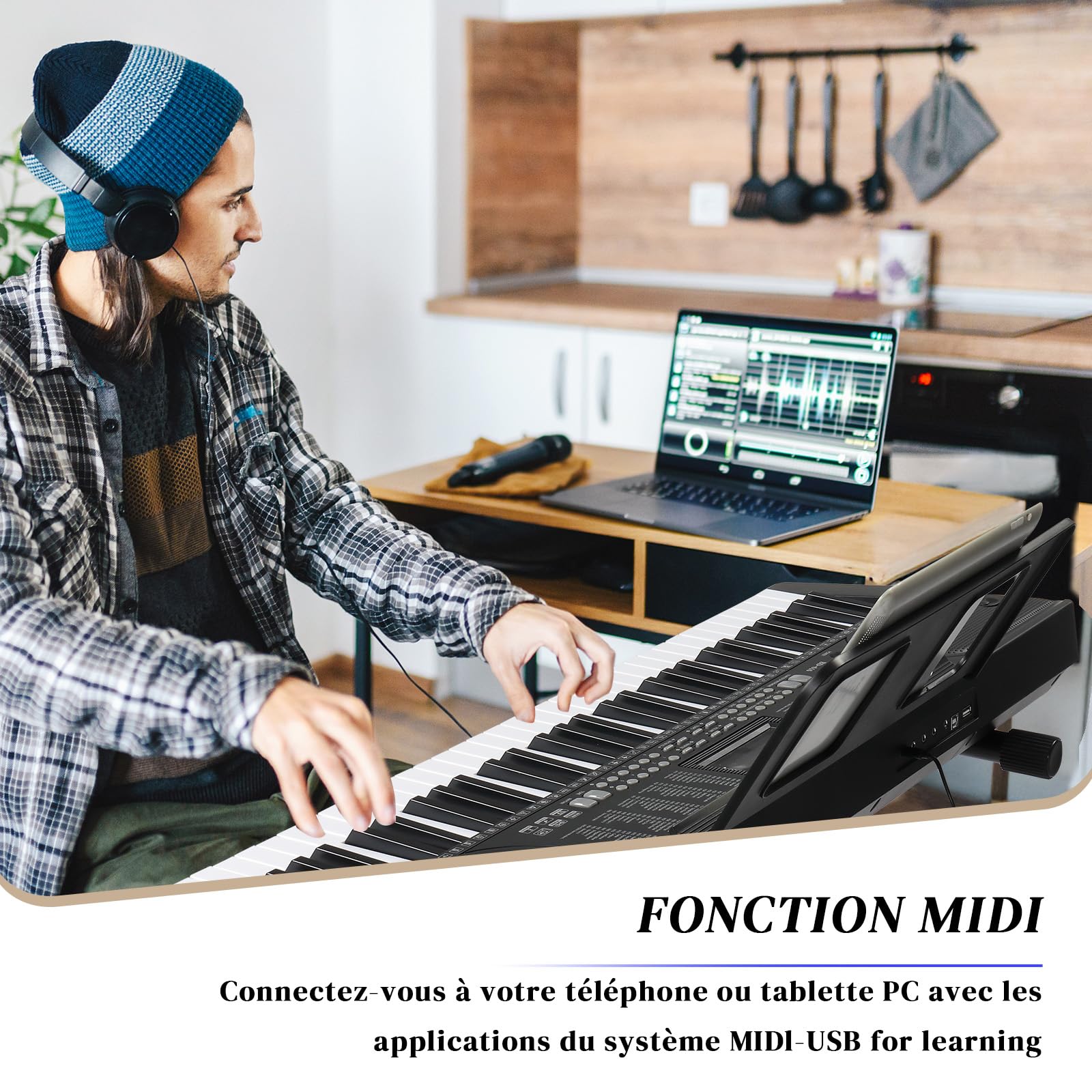 LEADZM Clavier Piano 61 Touches, Piano Numérique avec Touches Éclairées, LCD Écran, MIDI, Support X de Clavier Électrique, Banc de Piano, Pupitre, Casque, Microphone (Noir1)