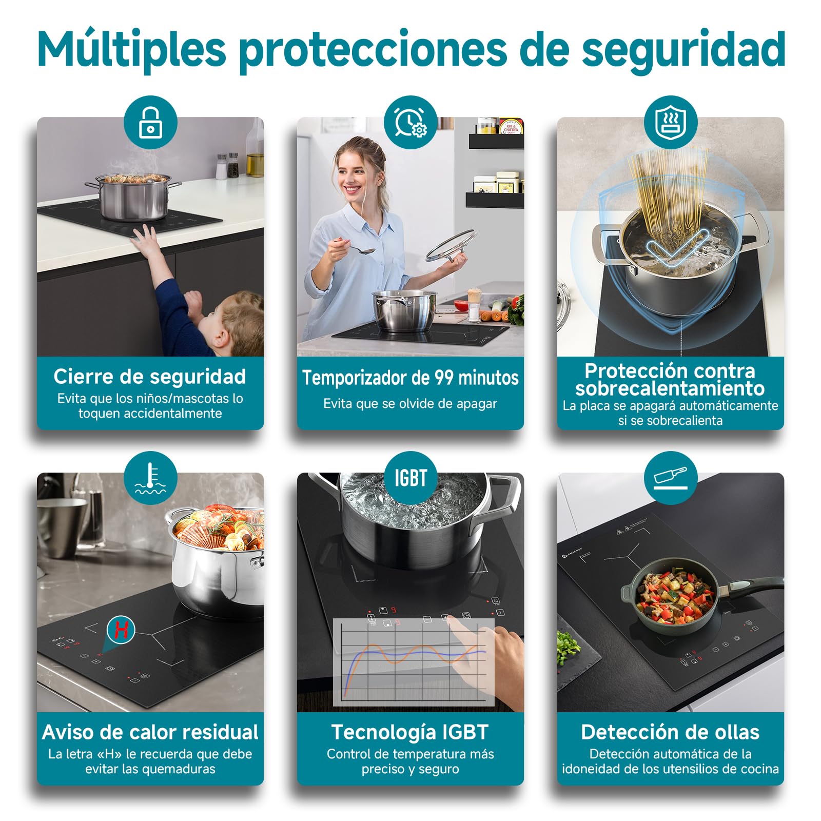 Placa de inducción con zonas flexibles, AMZCHEF placa induccion doble con 9 niveles de potencia, calentamiento intermitente, panel de control de moda, cerradura de seguridad, 3300W, negro