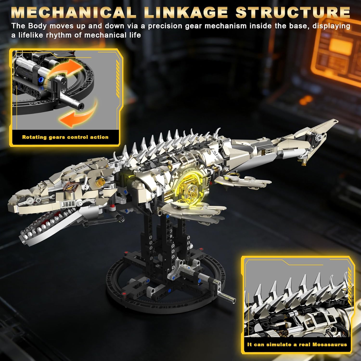 Mechanical Mosasaurus Building Set for Adults, Dinosaur Building Block Set, Compatible with Lego, 1413PCS Ocean Animal Collection Toy with Display Stand and Light Home Office Decor Idea Gift