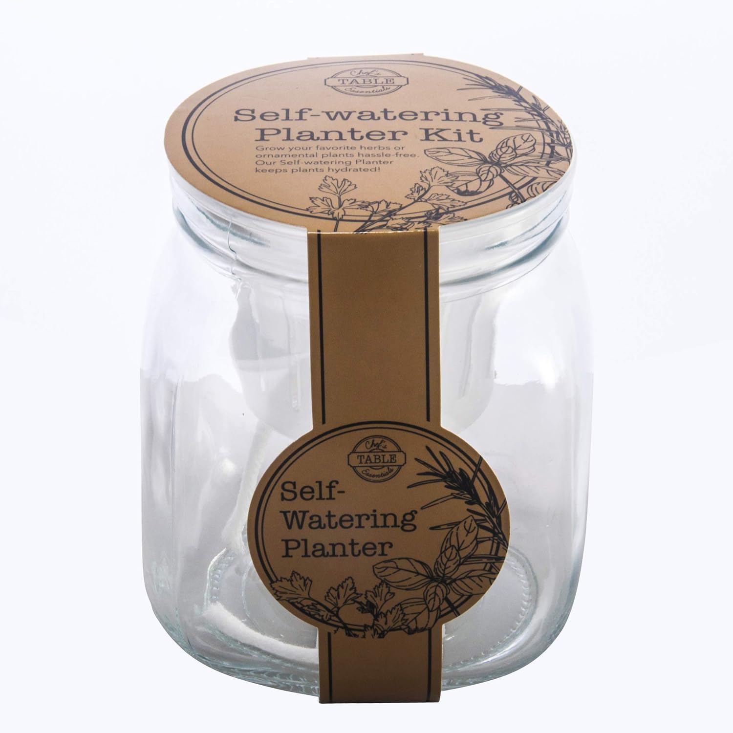 Self Watering Planter Gift Set, Glass Planter with Band Wrapping Showing Self