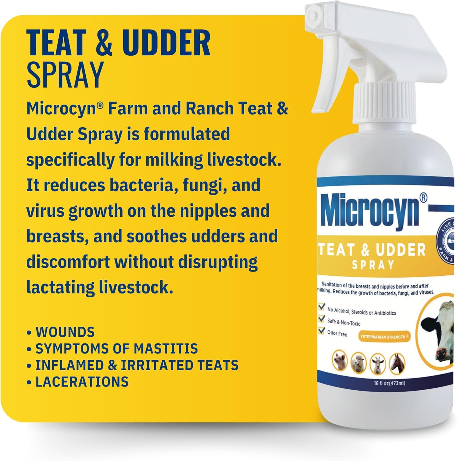 Livestock Teat & Udder Spray – 16 oz HOCl-Based Cleansing Spray – Supports Skin Comfort & Moisture for Dairy Cattle, Goats & Livestock