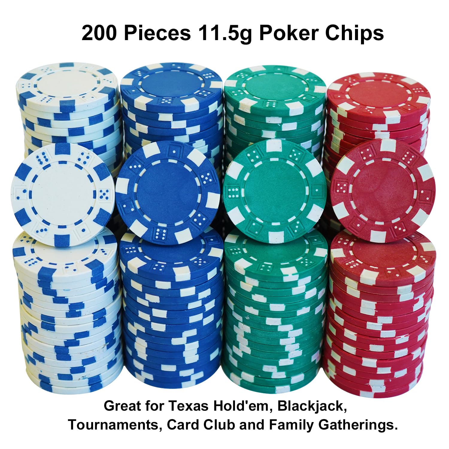 SEETOOOGAMES 200 fichas de póquer de Casino a Rayas de 11,5 g, 4 Colores (Rojo, Verde, Blanco y Azul)