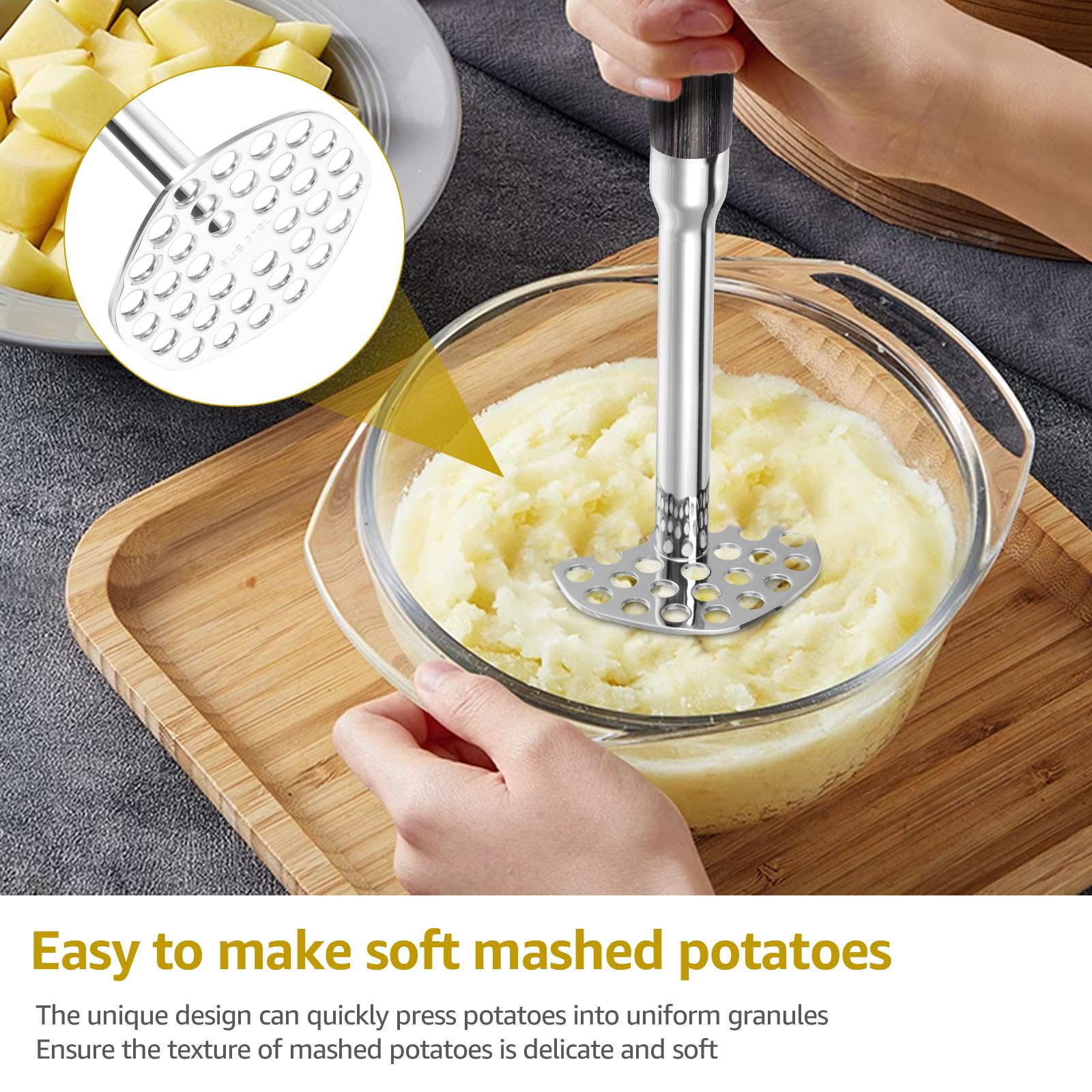 Stainless Steel Potato Masher, Easy to Clean Food Masher, Potato Mashers High Efficient Metal Mashing Utensil Anti Slip Mashed Potatoes Mashers for Kitchens