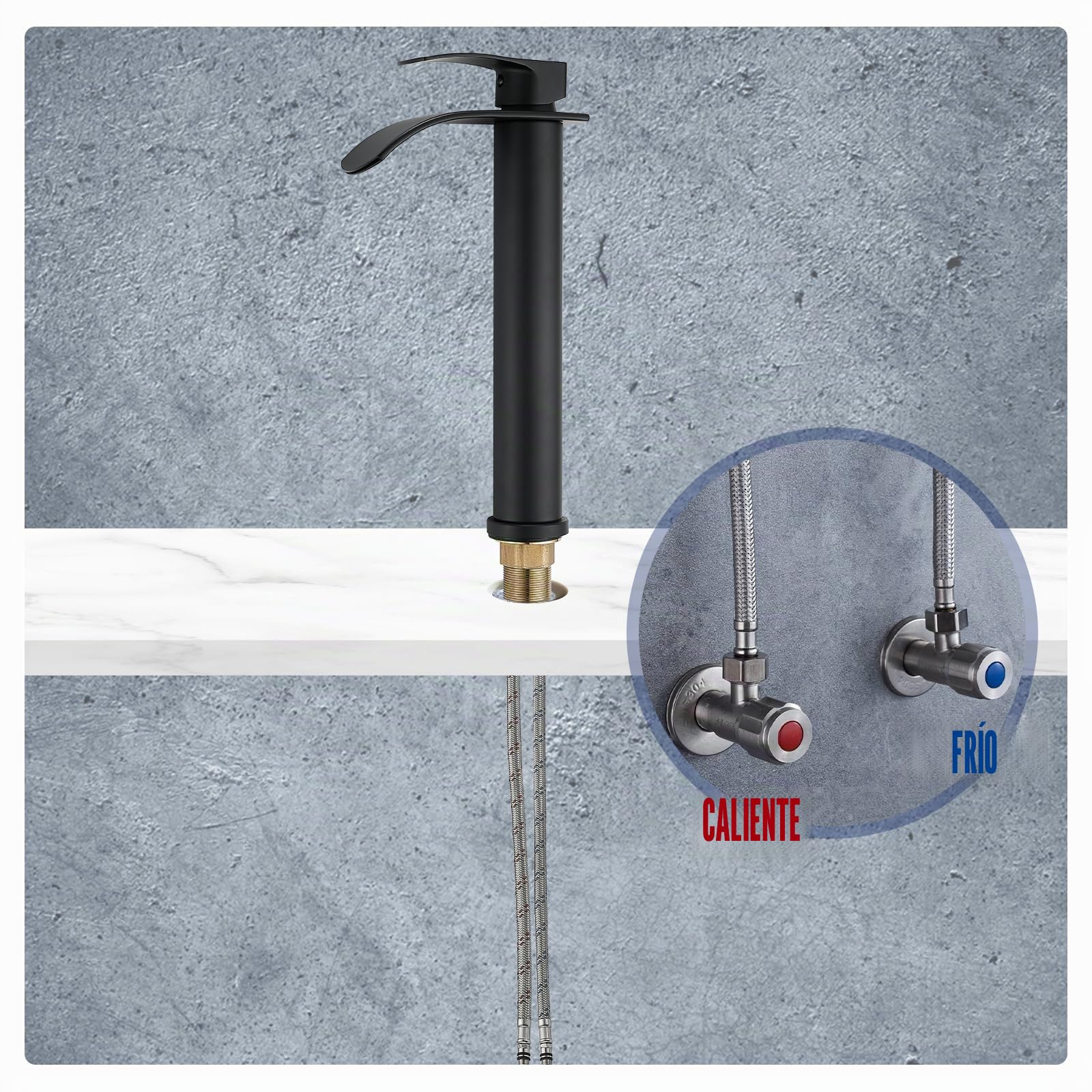 Grifo de lavabo de baño en cascada, grifo de baño alto negro, manija única, con desagüe de metal y tubo de alimentación de agua, orificio único, adecuado para barcos.