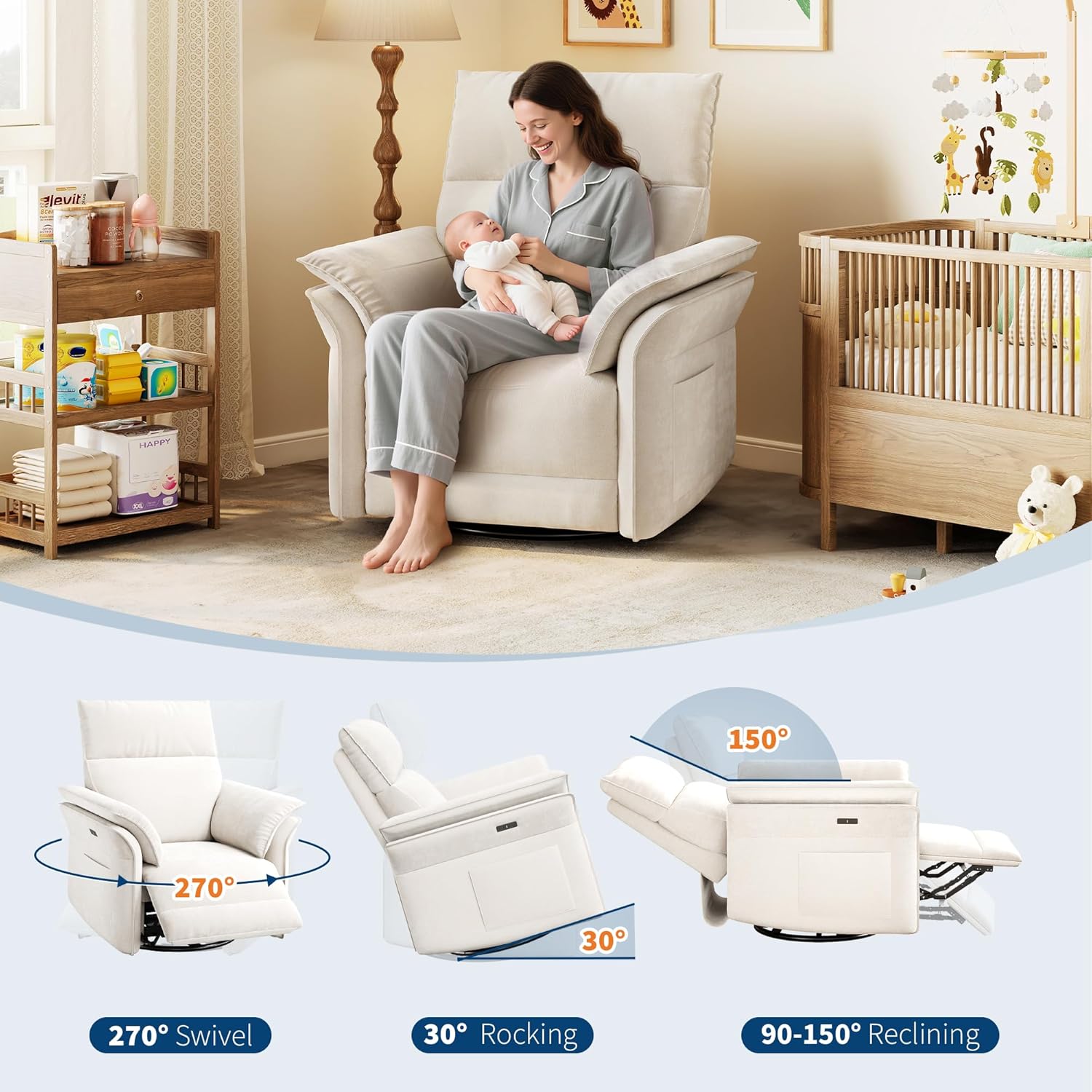 GAOMON Power Recliner Chair, 270 °Swivel Rocking Glider with USB Charging Port, Chenille Upholstered Fabric and Double-Layer Armrests, Nursery Chair for Living Room, Nursery (Cream)
