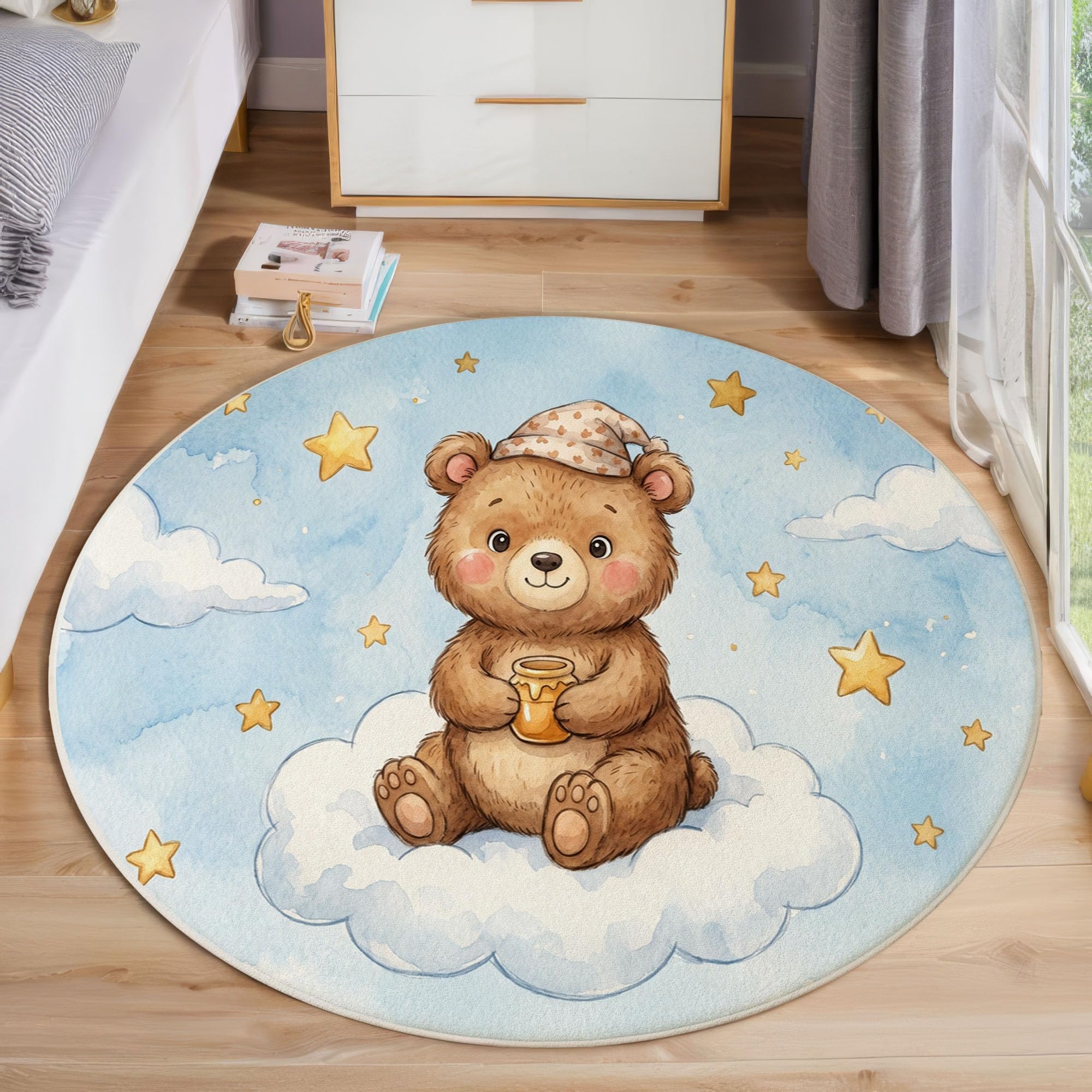 Tappeto Rotondo Nuvole Orso Bruno Stelle Tappeti | 180cm Salotto Lavabile in Lavatrice Antiscivolo Simpatici Animali Ad Acquerello Tappeto Cameretta Scendiletto Camera Da Letto Ufficio